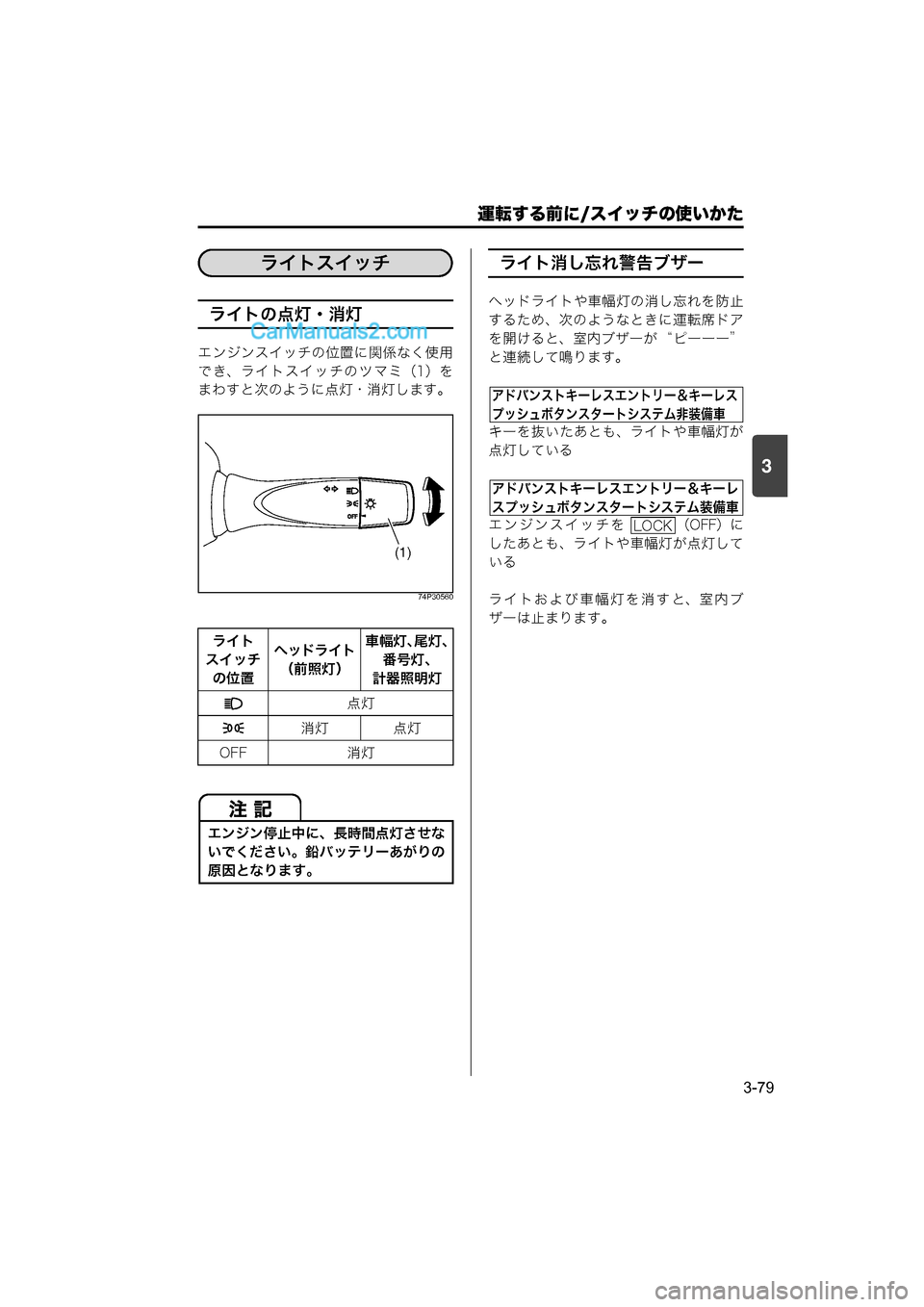 MAZDA MODEL CARROL 2015  取扱説明書 (キャロル) (in Japanese) 運転する前に/スイッチの使いかた
3-79
3
ライトの点灯・消灯
エンジンスイッチの位置に関係なく使用
でき、ライトスイッチのツマミ（1）を
まわす