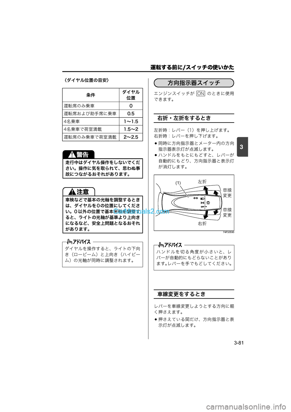 MAZDA MODEL CARROL 2015  取扱説明書 (キャロル) (in Japanese) 運転する前に/スイッチの使いかた
3-81
3
〈ダイヤル位置の目安〉
エンジンスイッチが    のときに使用
できます。
右折・左折をするとき
左折時：レ