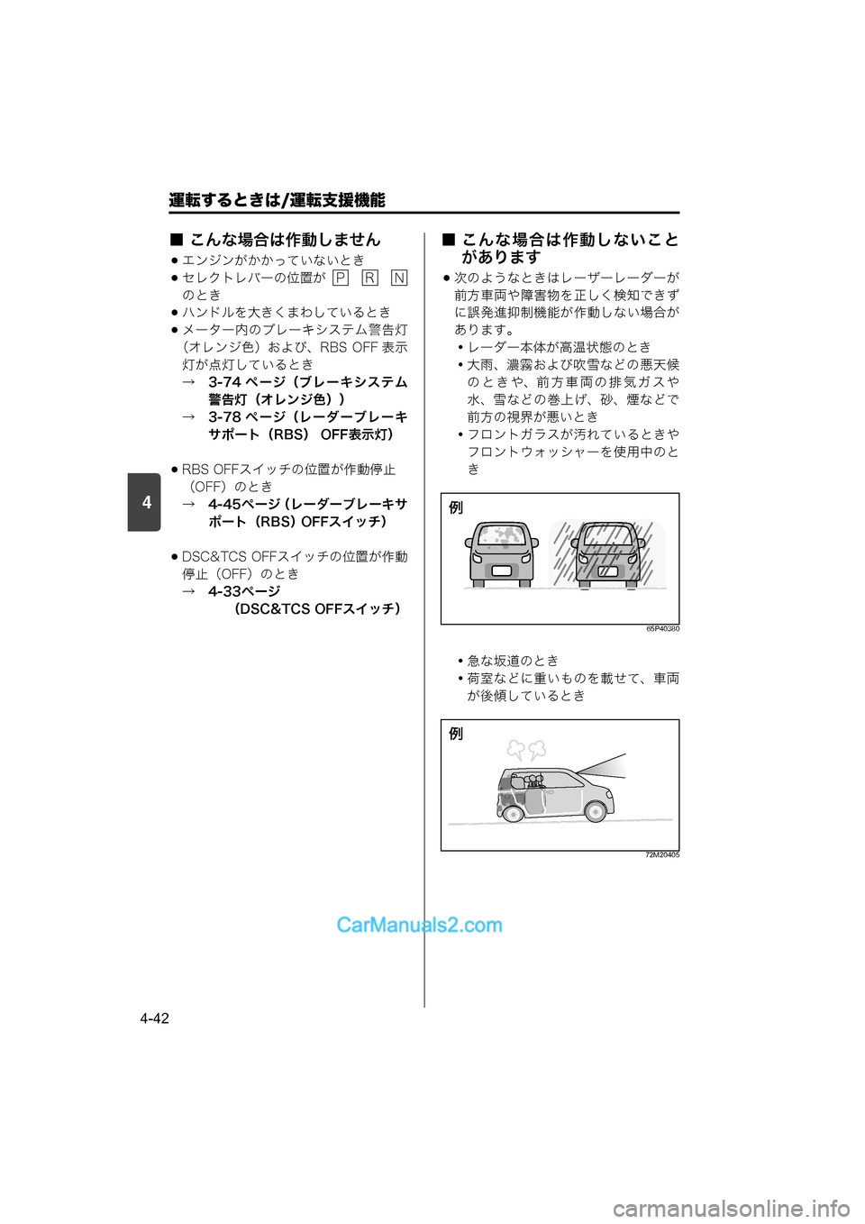 MAZDA MODEL CARROL 2015  取扱説明書 (キャロル) (in Japanese) 4
運転するときは/運転支援機能
4-42
■ こんな場合は作動しません
エンジンがかかっていないとき
セレクトレバーの位置が         
のとき
ハン