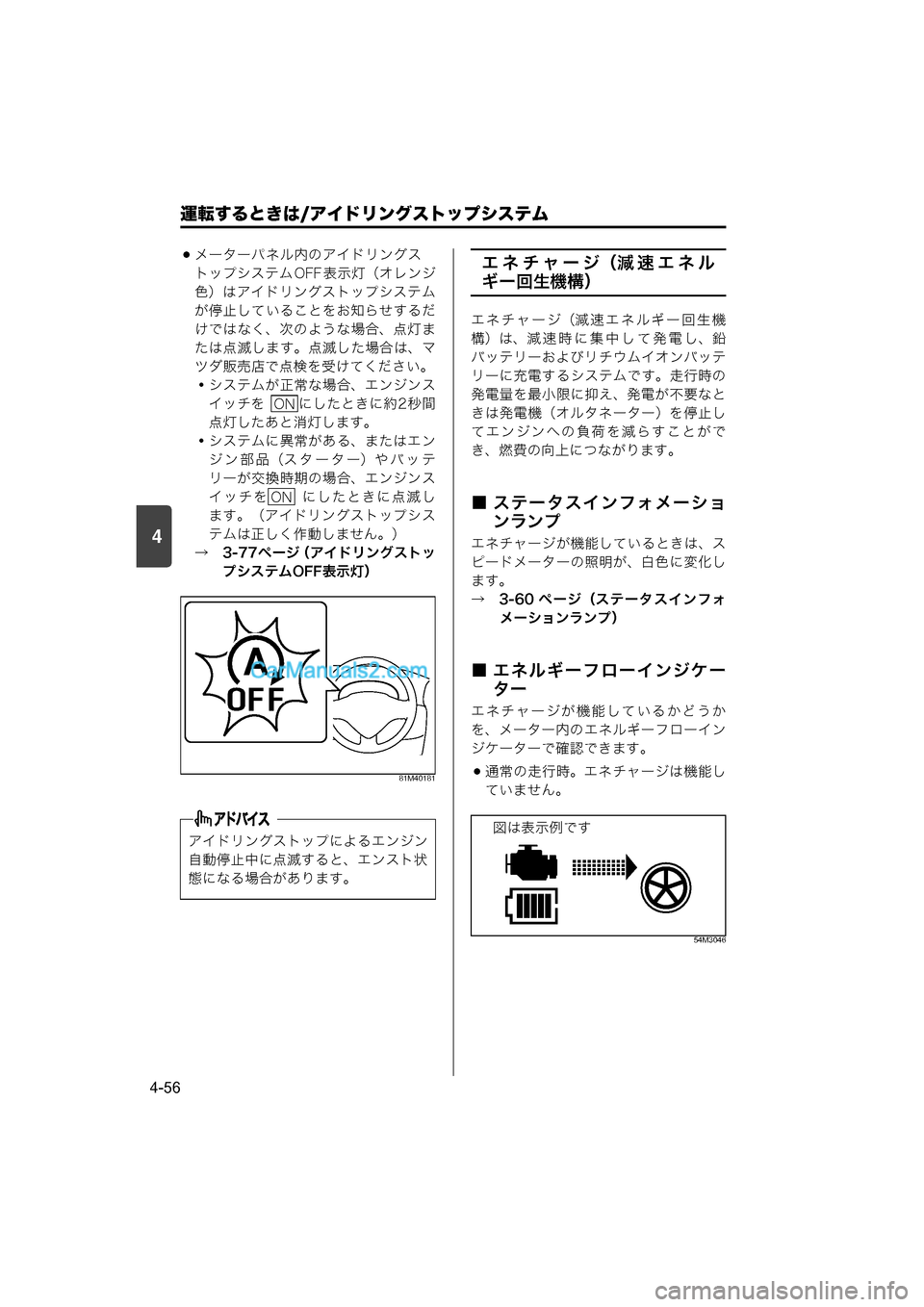 MAZDA MODEL CARROL 2015  取扱説明書 (キャロル) (in Japanese) 4
運転するときは/アイドリングストップシステム
4-56
メーターパネル内のアイドリングス　
トップシステム OFF 表示灯（オレンジ
色）はアイドリ