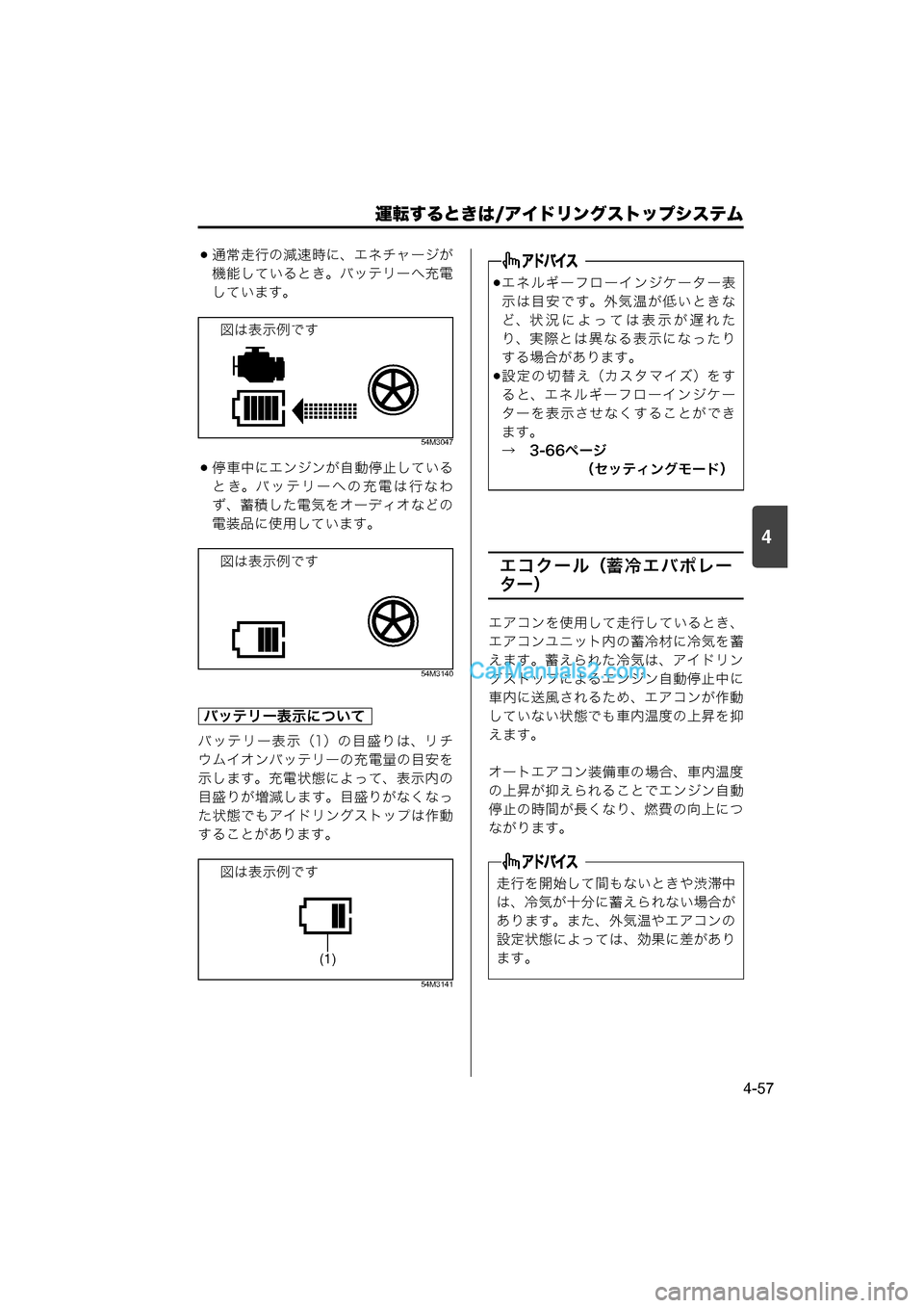 MAZDA MODEL CARROL 2015  取扱説明書 (キャロル) (in Japanese) 運転するときは/アイドリングストップシステム
4-57
4
通常走行の減速時に、エネチャージが
機能しているとき。バッテリーへ充電
しています。
54