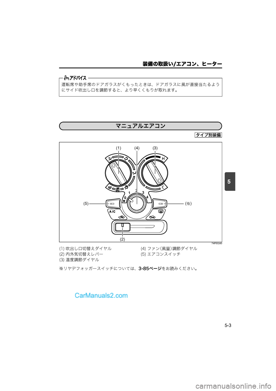 MAZDA MODEL CARROL 2015  取扱説明書 (キャロル) (in Japanese) 5
装備の取扱い/エアコン、ヒーター
5-3
74P50360
※リヤデフォッガースイッチについては、3-85ページをお読みください。
運転席や助手席のドアガラス