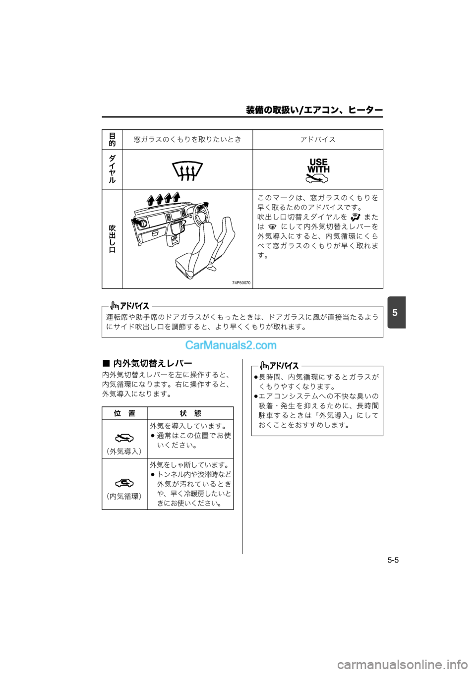 MAZDA MODEL CARROL 2015  取扱説明書 (キャロル) (in Japanese) 装備の取扱い/エアコン、ヒーター
5-5
5
■ 内外気切替えレバー
内外気切替えレバーを左に操作すると、
内気循環になります。右に操作すると、
外
