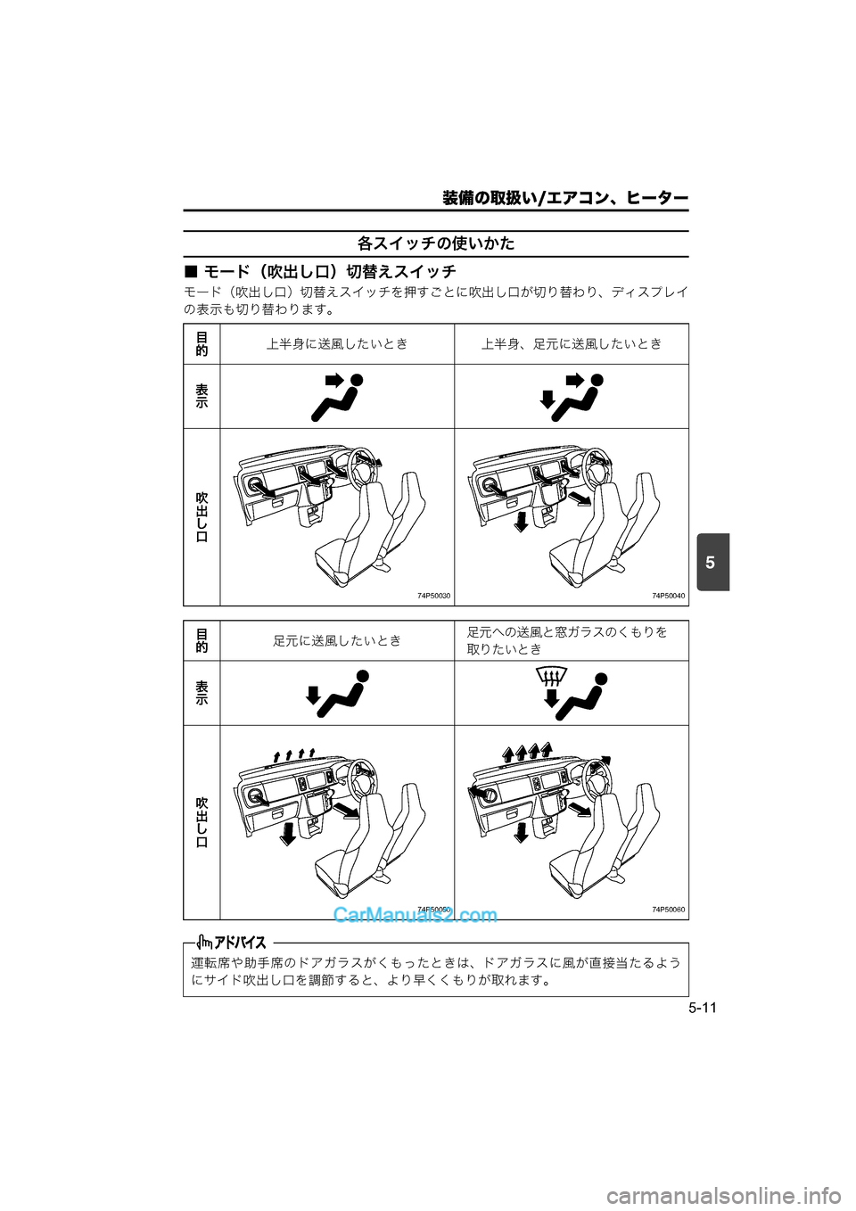 MAZDA MODEL CARROL 2015  取扱説明書 (キャロル) (in Japanese) 5
装備の取扱い/エアコン、ヒーター
5-11
各スイッチの使いかた
■ モード（吹出し口）切替えスイッチ
モード（吹出し口）切替えスイッチを押すご