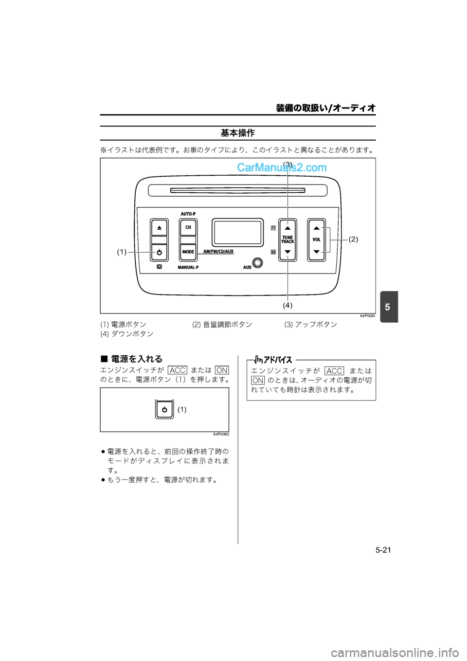 MAZDA MODEL CARROL 2015  取扱説明書 (キャロル) (in Japanese) 装備の取扱い/オーディオ
5-21
5
基本操作
※イラストは代表例です。お車のタイプにより、このイラストと異なることがあります。
64P0081
■ 電源を入