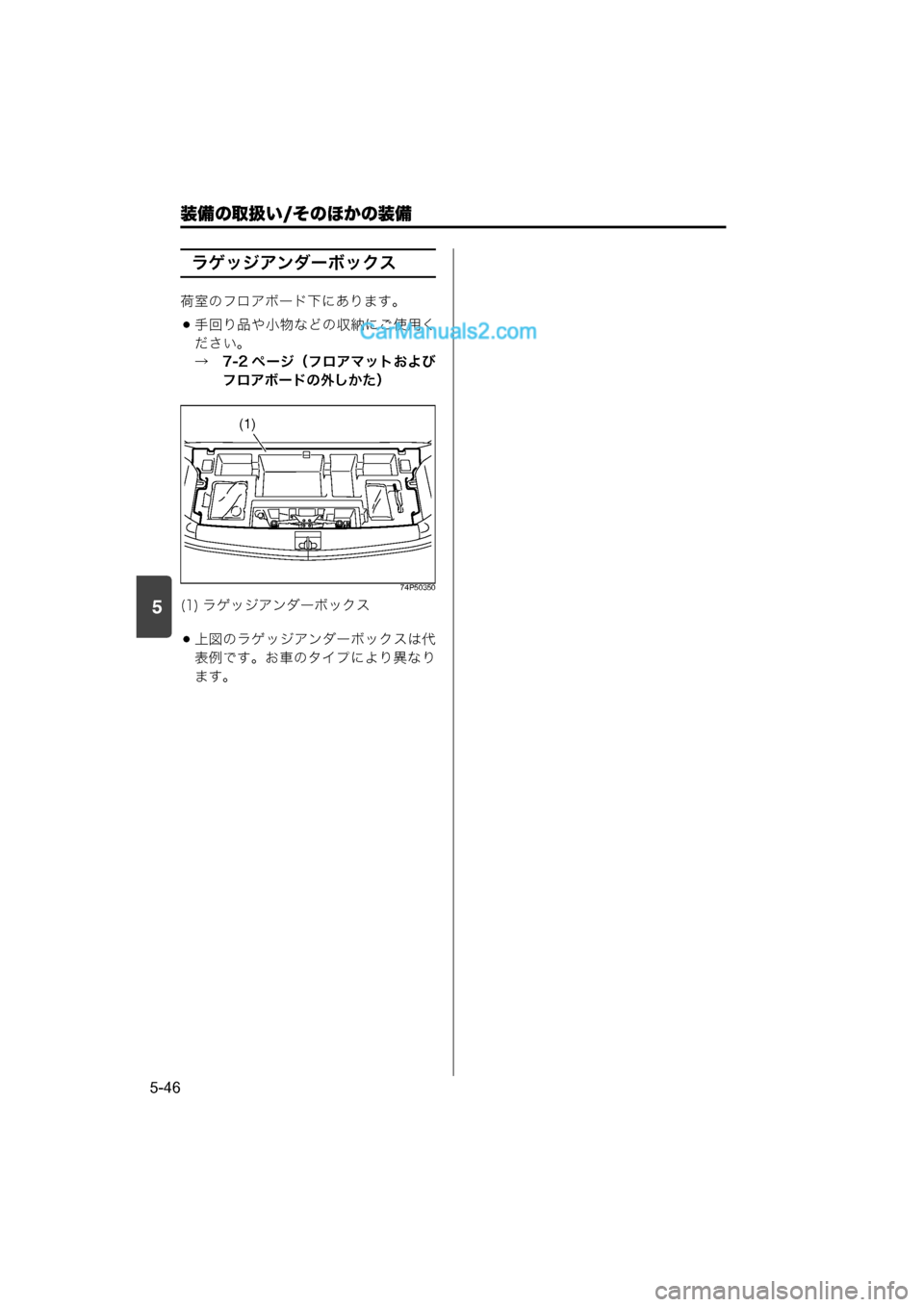MAZDA MODEL CARROL 2015  取扱説明書 (キャロル) (in Japanese) 装備の取扱い/そのほかの装備
5-46
5
ラゲッジアンダーボックス
荷室のフロアボード下にあります。
手回り品や小物などの収納にご使用く
ださい