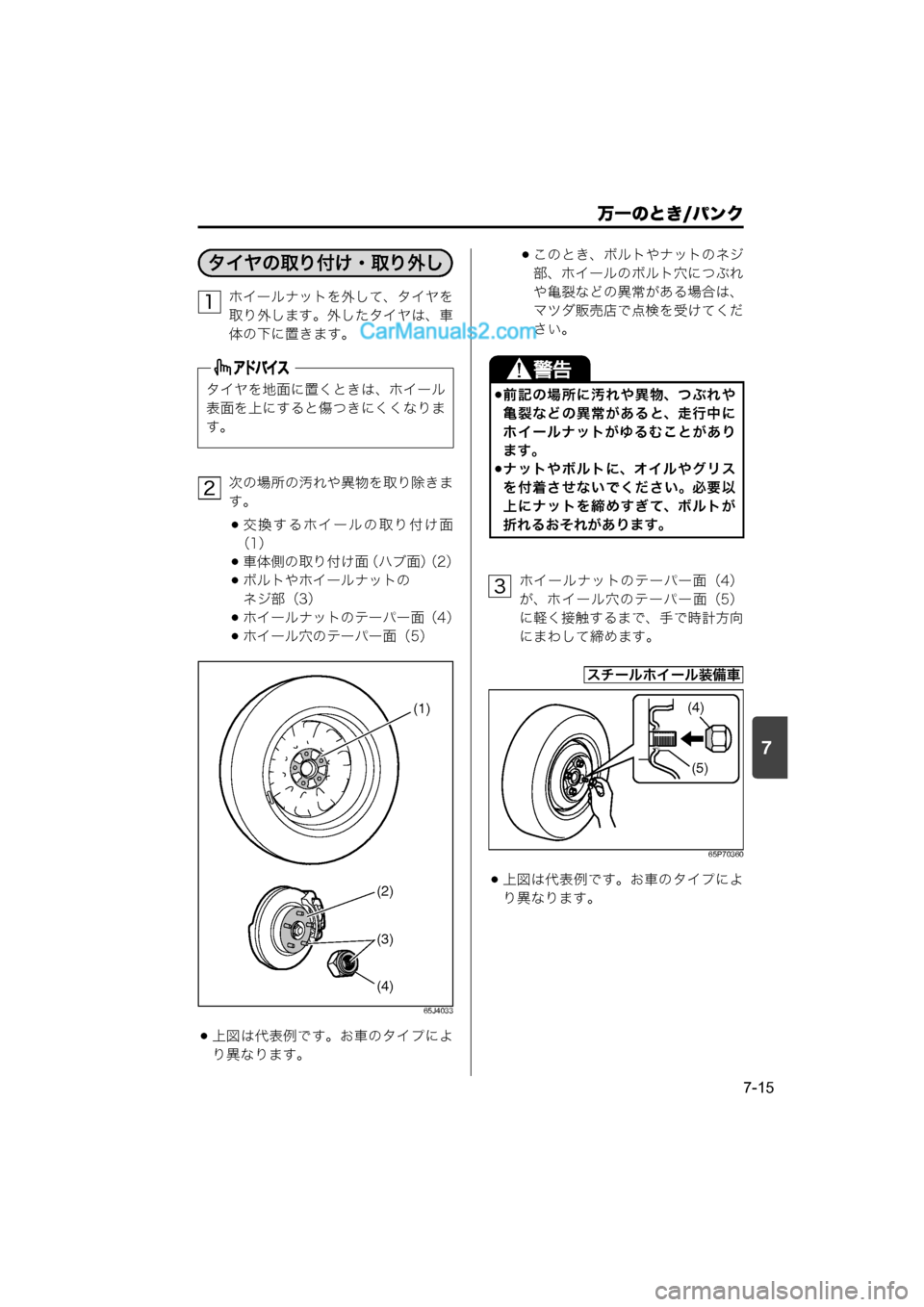 MAZDA MODEL CARROL 2015  取扱説明書 (キャロル) (in Japanese) 7
万一のとき/パンク
7-15
ホイールナットを外して、タイヤを
取り外します。外したタイヤは、車
体の下に置きます。
次の場所の汚れや異物を取り
