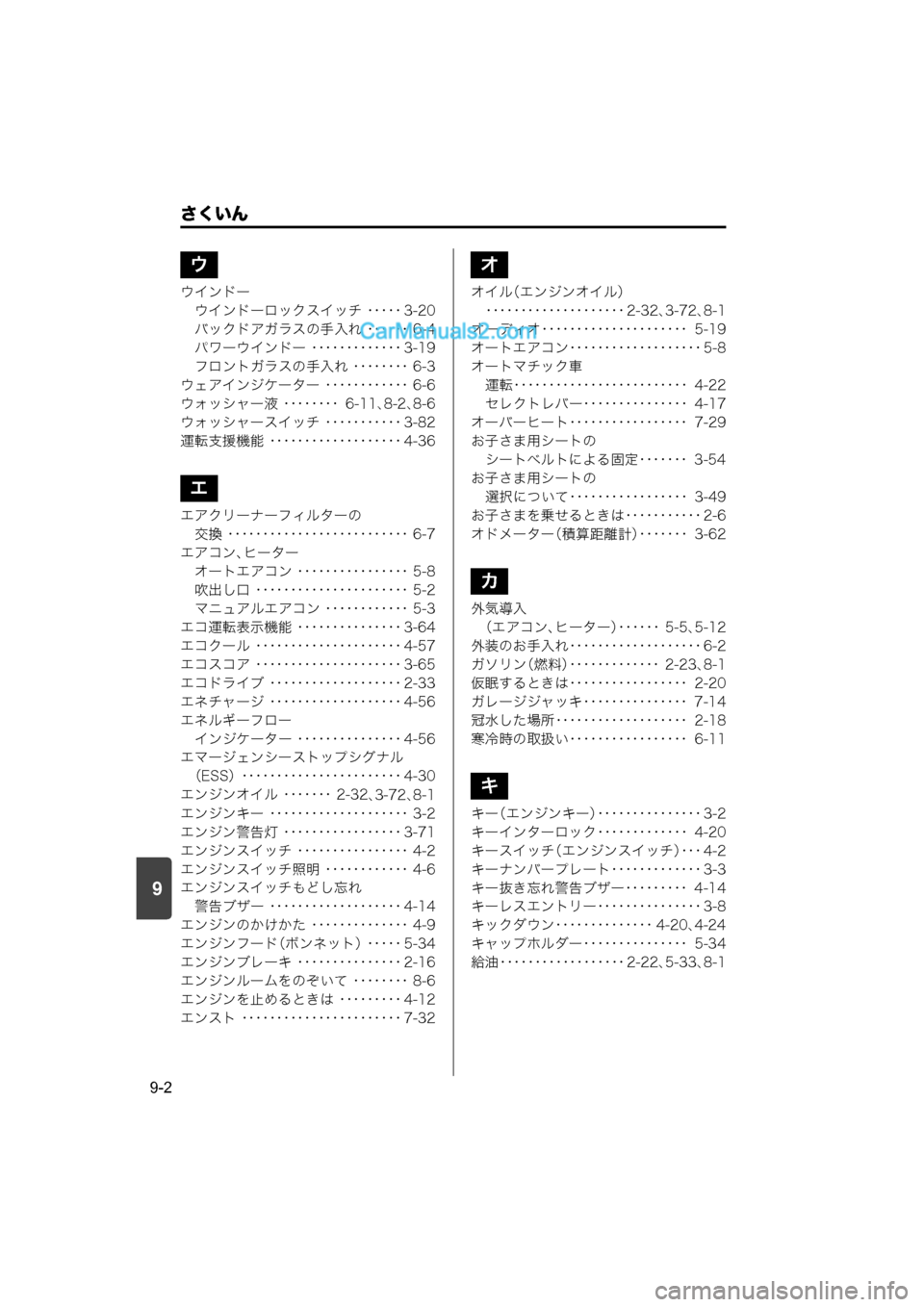 MAZDA MODEL CARROL 2015  取扱説明書 (キャロル) (in Japanese) 9
さくいん
9-2
ウインドーウインドーロックスイッチ ･････ 3-20
バックドアガラスの手入れ ･･････ 6-4
パワーウインドー ･･･････