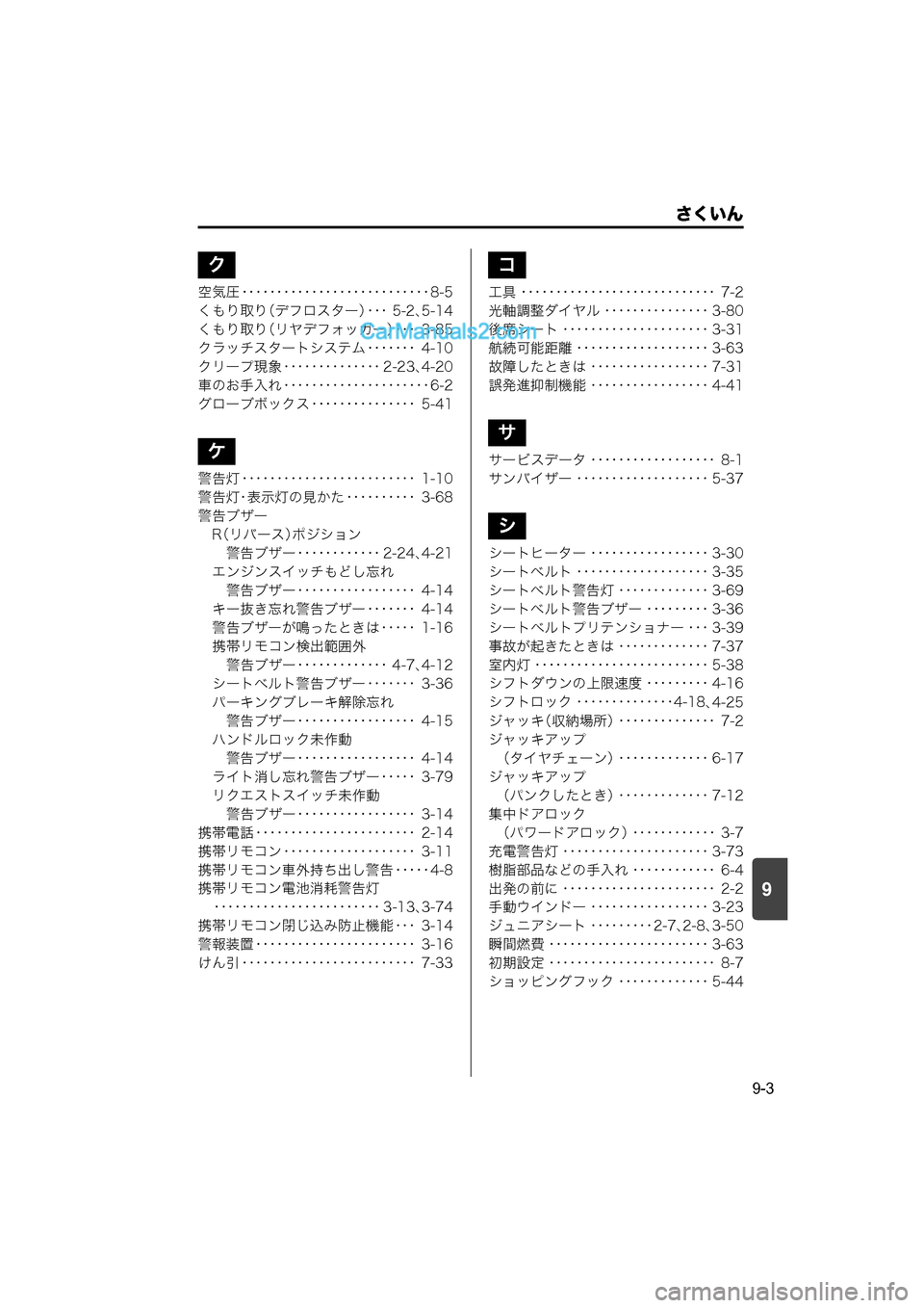 MAZDA MODEL CARROL 2015  取扱説明書 (キャロル) (in Japanese) 9
さくいん
9-3
空気圧 ･･･････････････････････････ 8-5
くもり取り（デフロスター）･･･ 5-2
、5-14
くもり取り（リヤ