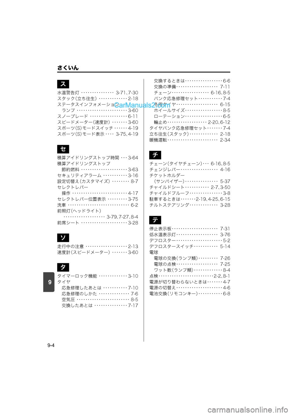 MAZDA MODEL CARROL 2015  取扱説明書 (キャロル) (in Japanese) 9
さくいん
9-4
水温警告灯 ･･･････････････ 3-71、7-30
スタック （立ち往生）･････････････ 2-18
ステータスインフォメ