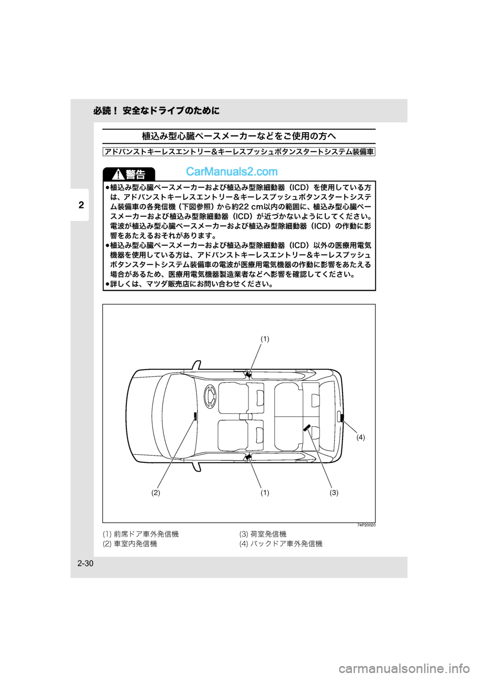 MAZDA MODEL CARROL 2015  取扱説明書 (キャロル) (in Japanese) 必読！ 安全なドライブのために
2-30
2
植込み型心臓ペースメーカーなどをご使用の方へ
74P20020
植込み型心臓ペースメーカーおよび植込み型除細動