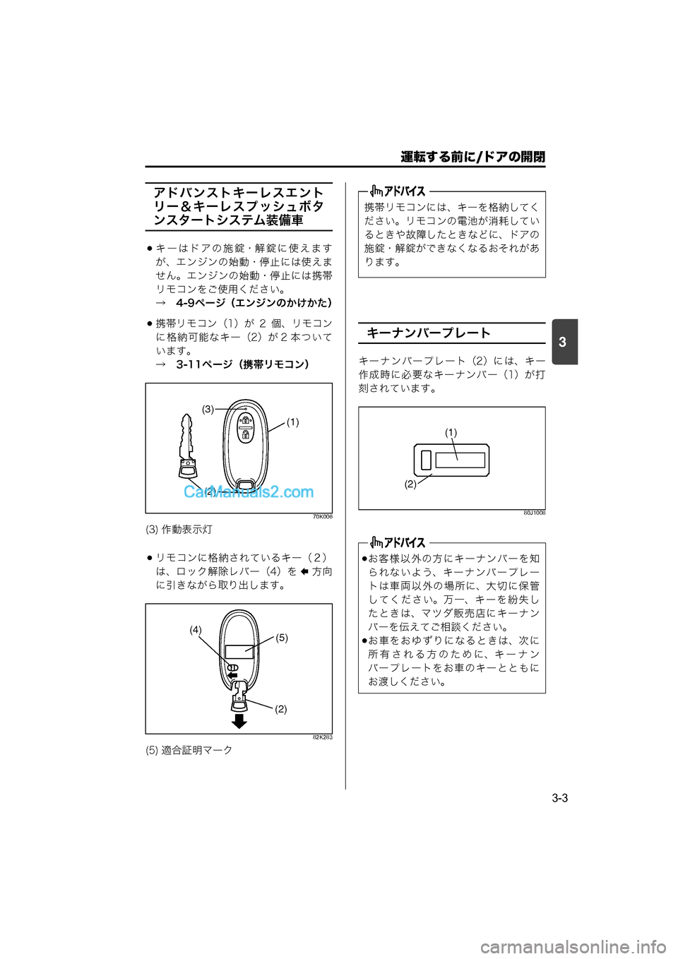 MAZDA MODEL CARROL 2015  取扱説明書 (キャロル) (in Japanese) 運転する前に/ドアの開閉
3-3
3
アドバンストキーレスエント
リー＆キーレスプッシュボタ
ンスタートシステム装備車
キーはドアの施錠・解錠に使