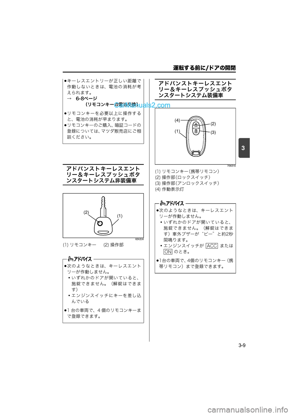 MAZDA MODEL CARROL 2015  取扱説明書 (キャロル) (in Japanese) 運転する前に/ドアの開閉
3-9
3
アドバンストキーレスエント
リー＆キーレスプッシュボタ
ンスタートシステム非装備車
82K236
アドバンストキーレス