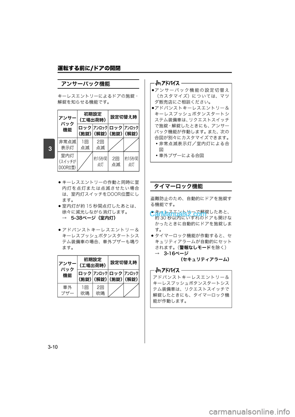 MAZDA MODEL CARROL 2015  取扱説明書 (キャロル) (in Japanese) 運転する前に/ドアの開閉
3-10
3
アンサーバック機能
キーレスエントリーによるドアの施錠・
解錠を知らせる機能です。
キーレスエントリーの作