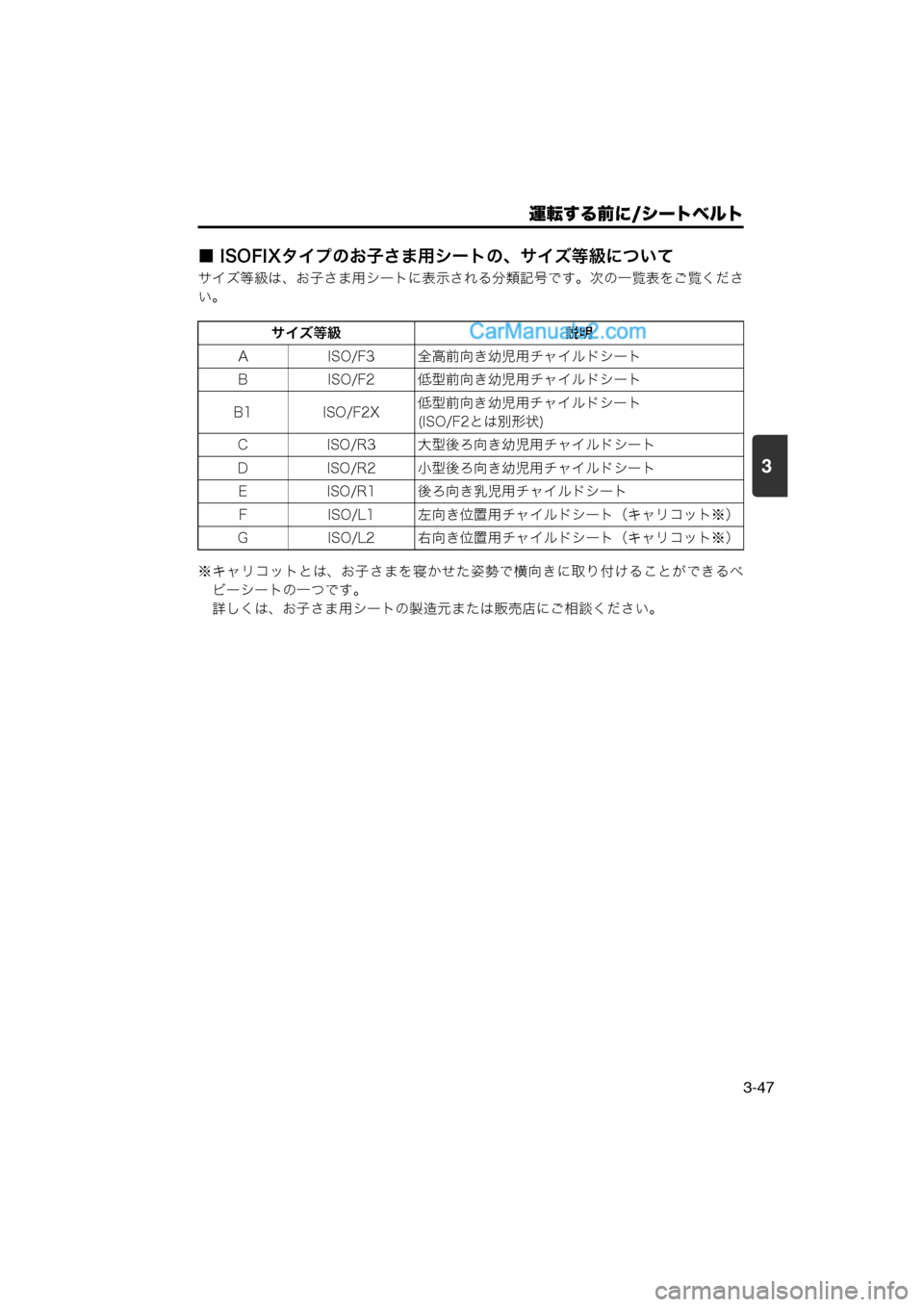 MAZDA MODEL CARROL 2013  取扱説明書 (キャロル) (in Japanese) 運転する前に/シートベルト
3-47
3
■ ISOFIXタイプのお子さま用シートの、サイズ等級について
サイズ等級は、お子さま用シートに表示される分類記号