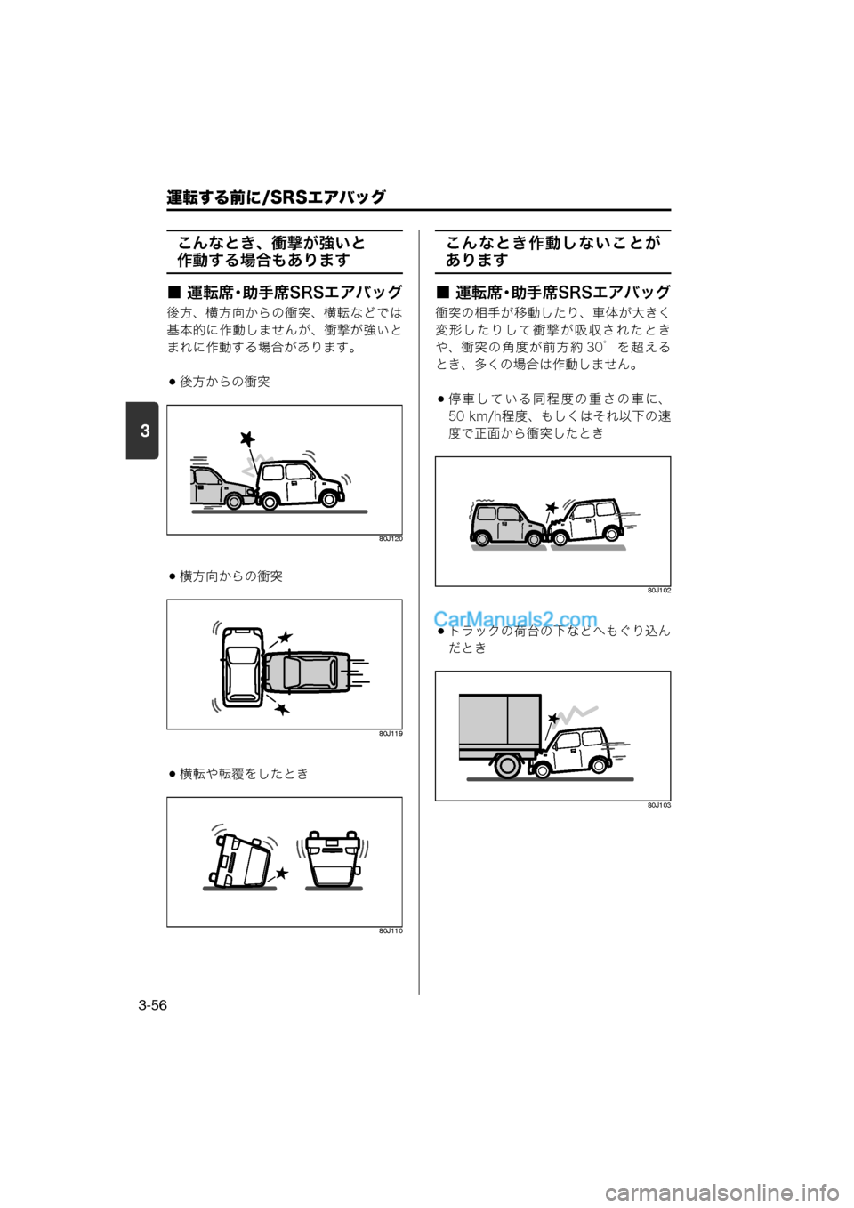MAZDA MODEL CARROL 2013  取扱説明書 (キャロル) (in Japanese) 運転する前に/SRSエアバッグ
3-56
3
こんなとき、衝撃が強いと
作動する場合もあります
■ 運転席・助手席SRSエアバッグ
後方、横方向からの衝突、横