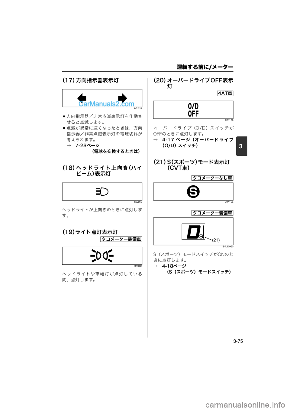 MAZDA MODEL CARROL 2013  取扱説明書 (キャロル) (in Japanese) 運転する前に/メーター
3-75
3
（17）方向指示器表示灯
80J211
方向指示器／非常点滅表示灯を作動さ
せると点滅します。
点滅が異常に速くなった
