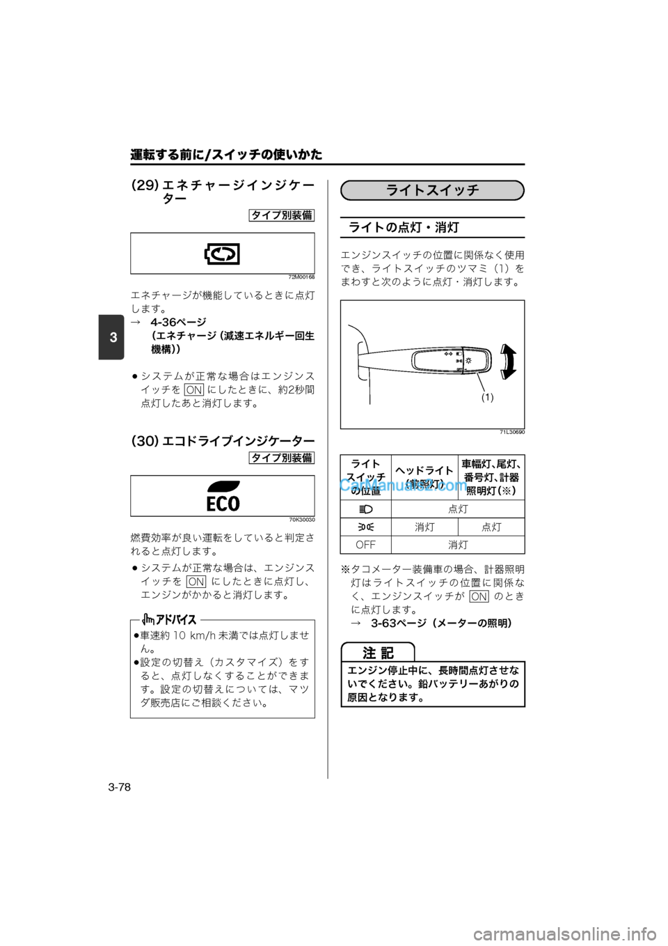 MAZDA MODEL CARROL 2013  取扱説明書 (キャロル) (in Japanese) 運転する前に/スイッチの使いかた
3-78
3
（29）エネチャージインジケー
ター
72M00168
エネチャージが機能しているときに点灯
します。
→　4-36ページ
