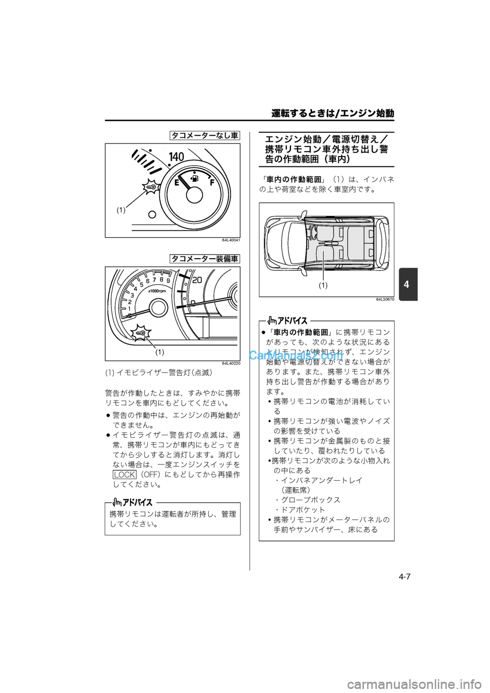 MAZDA MODEL CARROL 2013  取扱説明書 (キャロル) (in Japanese) 運転するときは/エンジン始動
4-7
4
64L40041
64L40220
警告が作動したときは、すみやかに携帯
リモコンを車内にもどしてください。
警告の作動中は、