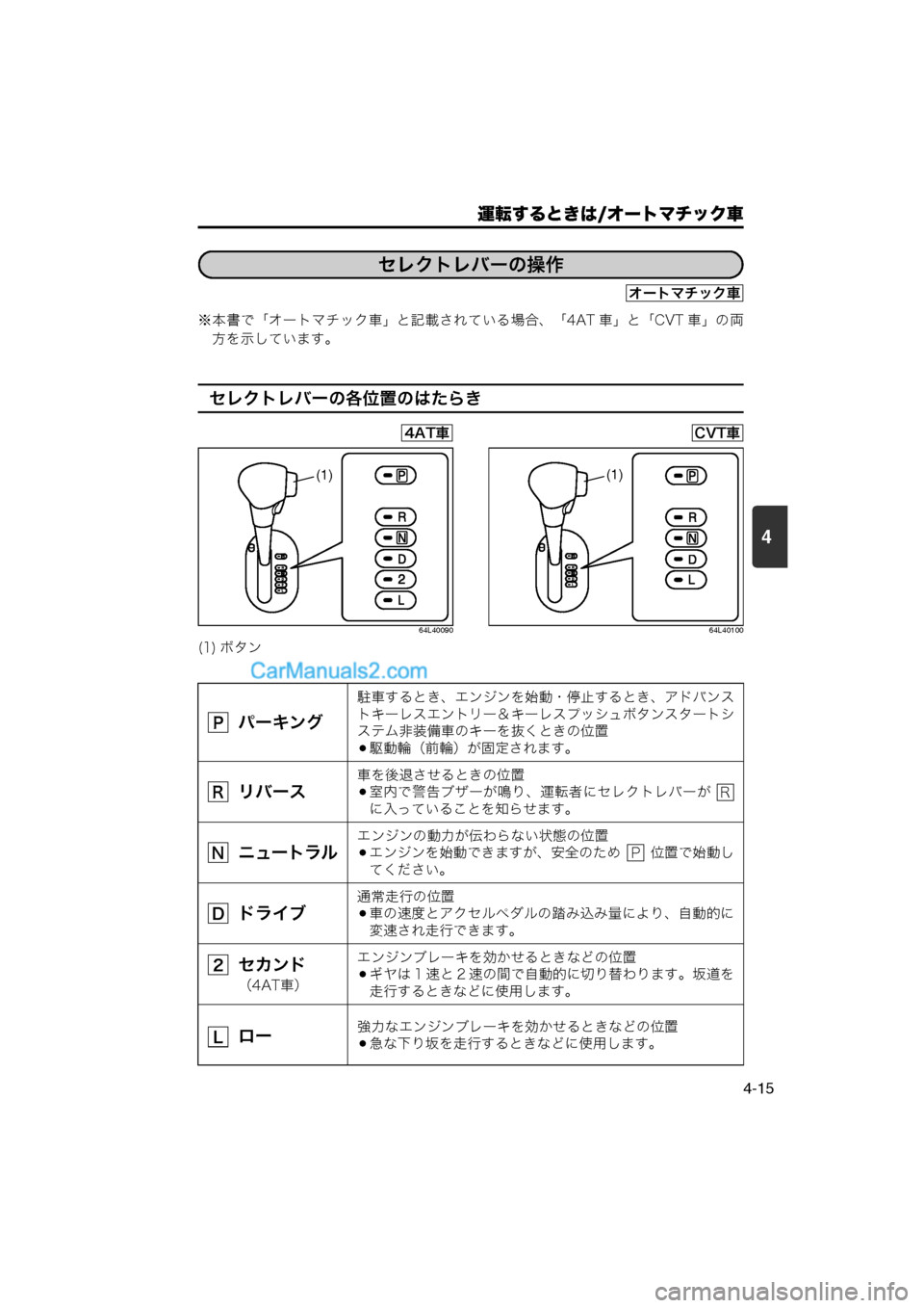 MAZDA MODEL CARROL 2013  取扱説明書 (キャロル) (in Japanese) 運転するときは/オートマチック車
4-15
4
※本書で「オートマチック車」と記載されている場合、「4AT 車」と「CVT 車」の両方を示しています。
セレ