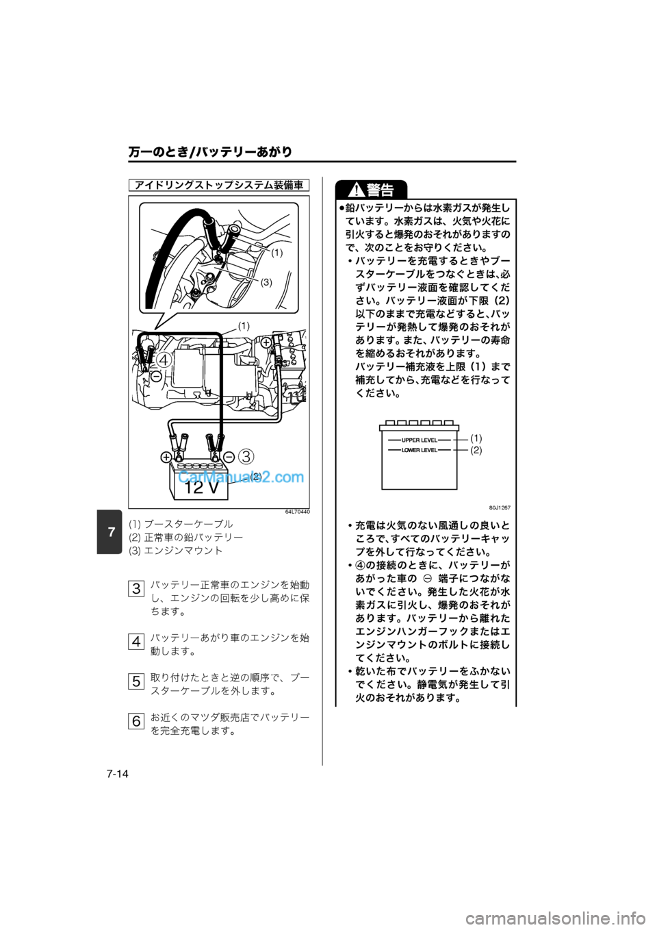 MAZDA MODEL CARROL 2013  取扱説明書 (キャロル) (in Japanese) 7
万一のとき/バッテリーあがり
7-14
64L70440
バッテリー正常車のエンジンを始動
し、エンジンの回転を少し高めに保
ちます。
バッテリーあがり車の