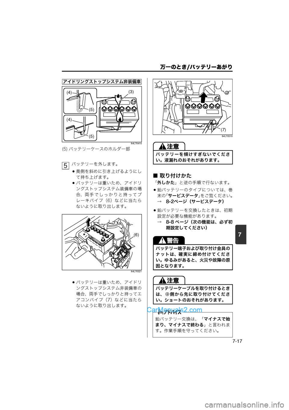 MAZDA MODEL CARROL 2013  取扱説明書 (キャロル) (in Japanese) 7
万一のとき/バッテリーあがり
7-17
64L70410
バッテリーを外します。
奥側を斜めに引き上げるようにし
て持ち上げます。
バッテリーは重いため