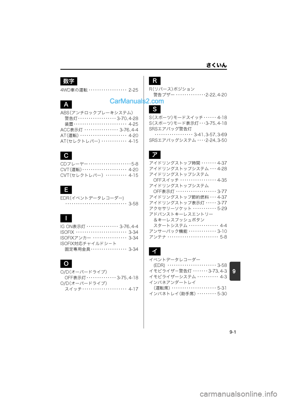 MAZDA MODEL CARROL 2013 取扱説明書 (キャロル) (in Japanese) 9
さくいん
9-1
4WD車の運転 ・・・・・・・・・・・・・・・・・・ 2-25
ABS(アンチロックブレーキシステム)
警告灯 ・・・・・・・・・・・・・・ MAZDA MODEL CARROL 2013 取扱説明書 (キャロル) (in Japanese) 9
さくいん
9-1
4WD車の運転 ・・・・・・・・・・・・・・・・・・ 2-25
ABS(アンチロックブレーキシステム)
警告灯 ・・・・・・・・・・・・・・