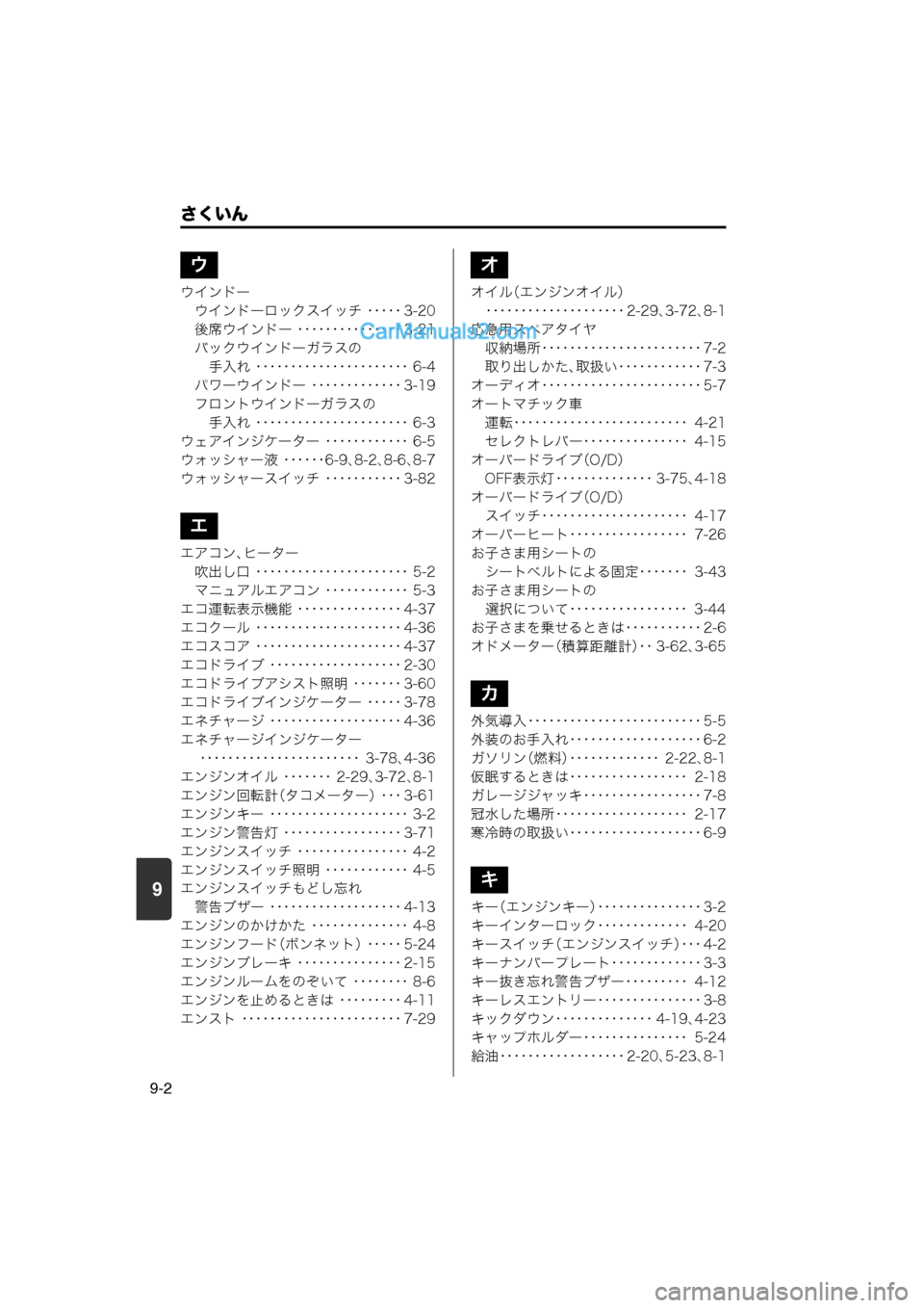 MAZDA MODEL CARROL 2013 取扱説明書 (キャロル) (in Japanese) 9
さくいん
9-2
ウインドーウインドーロックスイッチ ・・・・・ 3-20
後席ウインドー ・・・・・・・・・・・・・・・ 3-21 バックウインドーガラス MAZDA MODEL CARROL 2013 取扱説明書 (キャロル) (in Japanese) 9
さくいん
9-2
ウインドーウインドーロックスイッチ ・・・・・ 3-20
後席ウインドー ・・・・・・・・・・・・・・・ 3-21 バックウインドーガラス