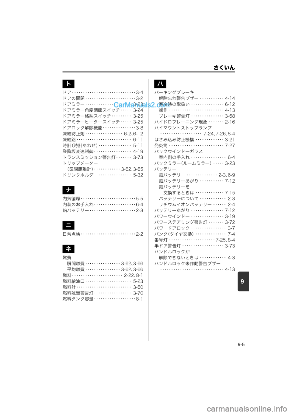 MAZDA MODEL CARROL 2013 取扱説明書 (キャロル) (in Japanese) 9
さくいん
9-5
ドア ・・・・・・・・・・・・・・・・・・・・・・・・・・・・・ 3-4
ドアの開閉 ・・・・・・・・・・・・・・・・・・・・・・ MAZDA MODEL CARROL 2013 取扱説明書 (キャロル) (in Japanese) 9
さくいん
9-5
ドア ・・・・・・・・・・・・・・・・・・・・・・・・・・・・・ 3-4
ドアの開閉 ・・・・・・・・・・・・・・・・・・・・・・