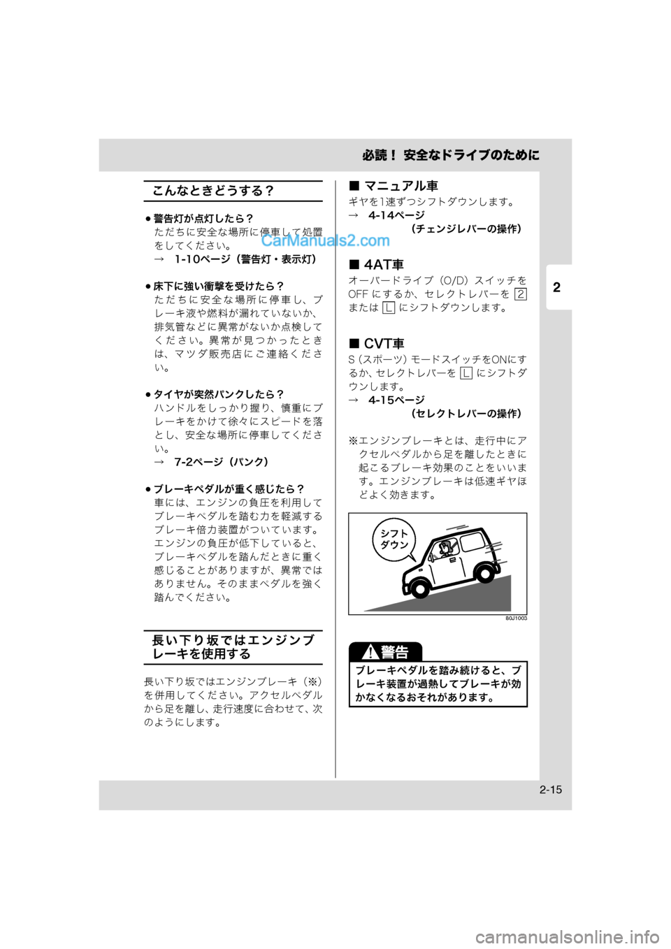MAZDA MODEL CARROL 2013  取扱説明書 (キャロル) (in Japanese) 2
必読！ 安全なドライブのために
2-15
こんなときどうする？
警告灯が点灯したら？ただちに安全な場所に停車して処置
をしてください。
→　1-10