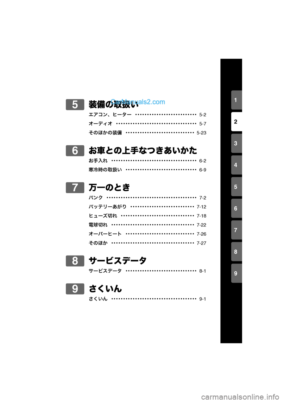 MAZDA MODEL CARROL 2013  取扱説明書 (キャロル) (in Japanese) 1
2
3
4
5
6
7
8
9
0-2
装備の取扱い
エアコン、ヒーター  ･･････････････････････････  5-2
オーディオ  ･････････