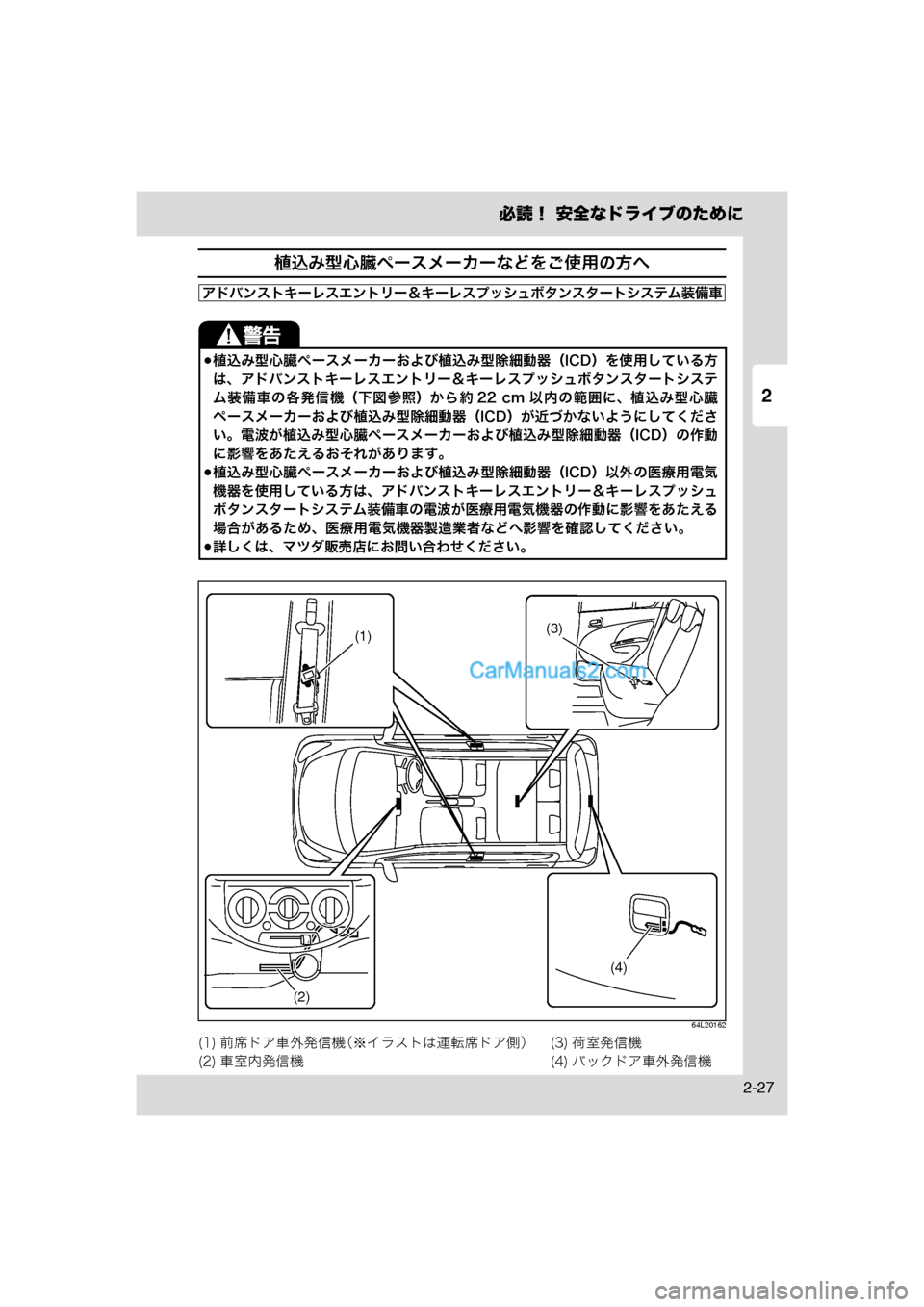 MAZDA MODEL CARROL 2013  取扱説明書 (キャロル) (in Japanese) 必読！ 安全なドライブのために
2-27
2
植込み型心臓ペースメーカーなどをご使用の方へ
64L20162
植込み型心臓ペースメーカーおよび植込み型除細動