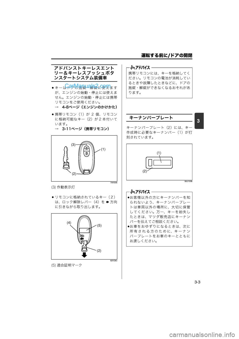 MAZDA MODEL CARROL 2013  取扱説明書 (キャロル) (in Japanese) 運転する前に/ドアの開閉
3-3
3
アドバンストキーレスエント
リー＆キーレスプッシュボタ
ンスタートシステム装備車
キーはドアの施錠・解錠に使