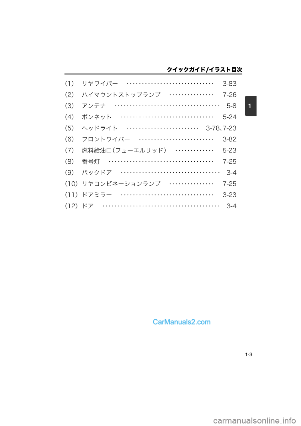 MAZDA MODEL CARROL 2013  取扱説明書 (キャロル) (in Japanese) 1
クイックガイド/イラスト目次
1-3
（1） リヤワイパー　 ･････････････････････････････ 　3-83
（2） ハイマウント