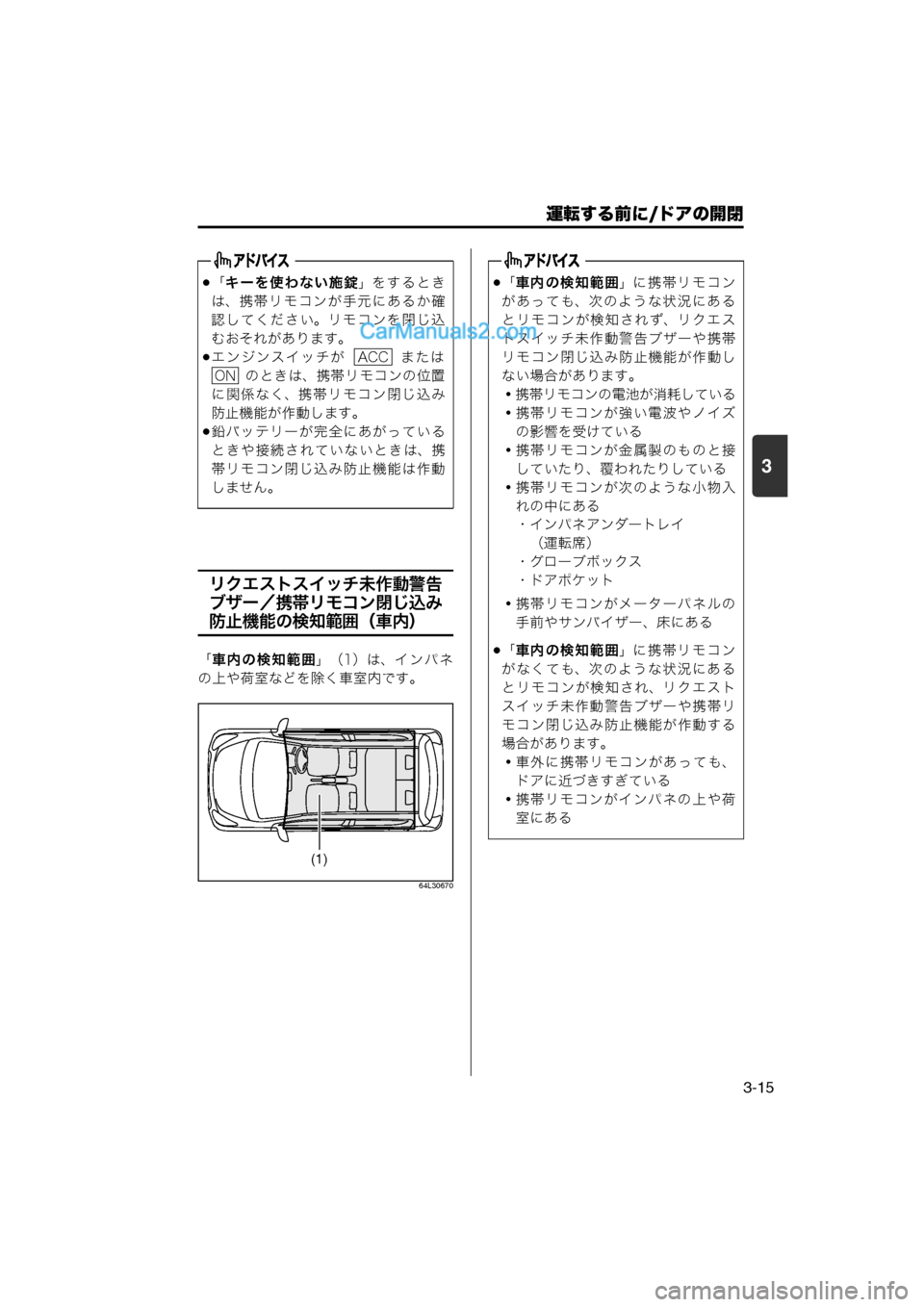 MAZDA MODEL CARROL 2013  取扱説明書 (キャロル) (in Japanese) 運転する前に/ドアの開閉
3-15
3
リクエストスイッチ未作動警告
ブザー／携帯リモコン閉じ込み
防止機能の検知範囲（車内）
「車内の検知範囲」（1