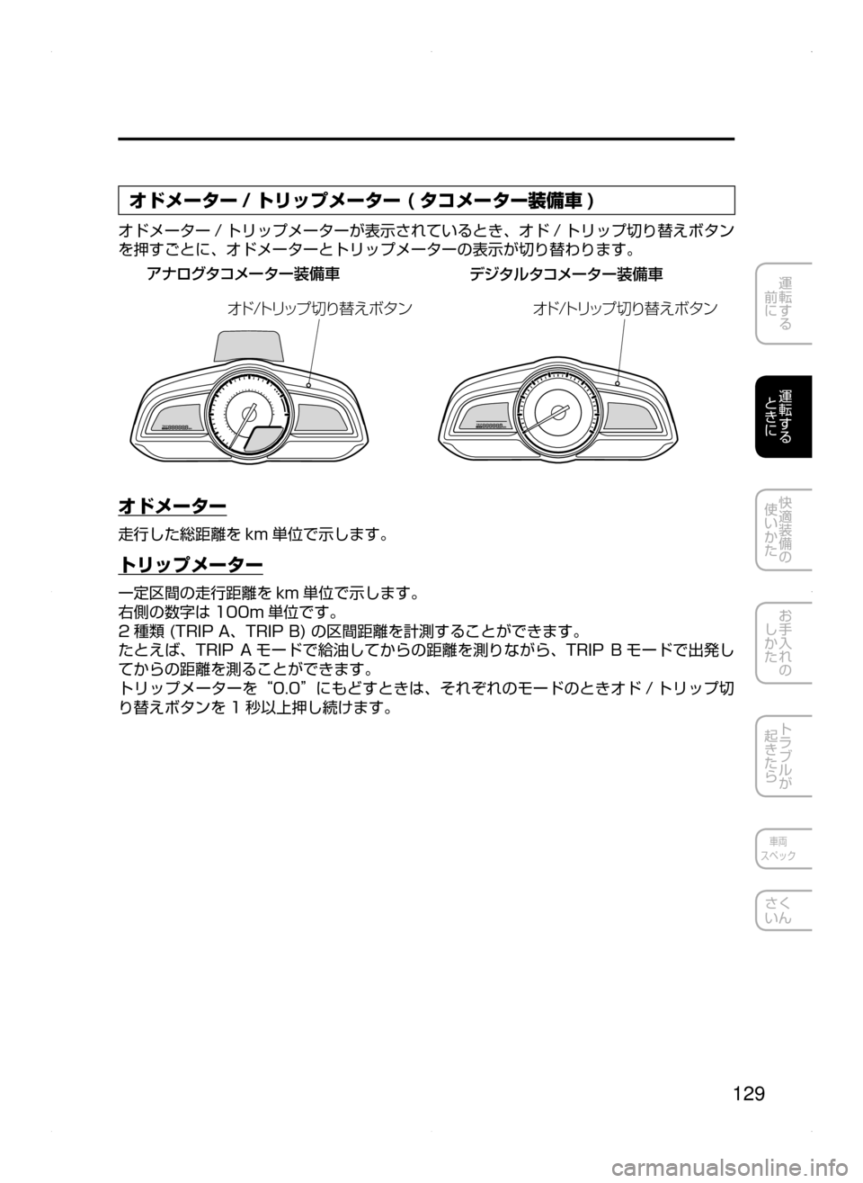 MAZDA MODEL DEMIO 2014  デミオ｜取扱説明書 (in Japanese) 129
運転する
﻿﻿
前に
運転する
﻿﻿
ときに
快適装備の
使いかた
お手入れの
しかた
トラブルが
起きたら
車両
スペック
さく
いん
オドメーター / 