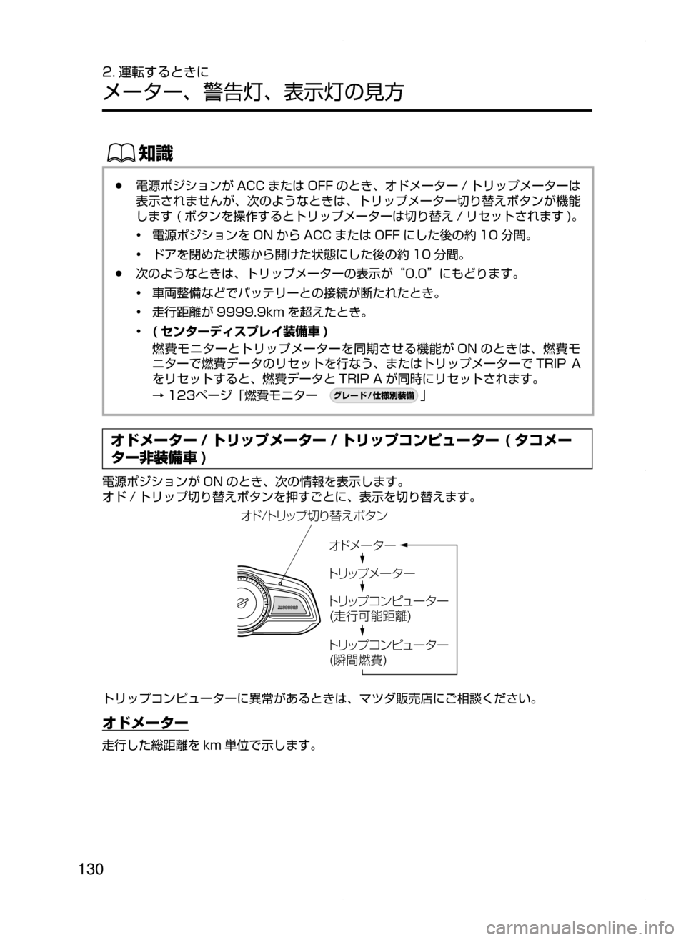 MAZDA MODEL DEMIO 2014  デミオ｜取扱説明書 (in Japanese) 130
2. 運転するときに
メーター､ 警告灯､ 表示灯の見方
ŒÝ
﻿﻿●電源ポジションが ACC または OFF のとき､ オドメーター / トリップメーターは
