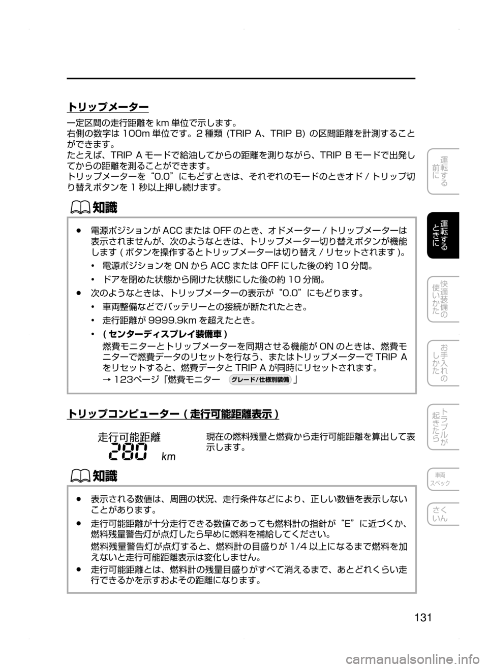 MAZDA MODEL DEMIO 2014 デミオ|取扱説明書 (in Japanese) 131
運転する
前に
運転する
ときに
快適装備の
使いかた
お手入れの
しかた
トラブルが
起きたら
車両
スペック
さく
いん
トリップメータ MAZDA MODEL DEMIO 2014 デミオ|取扱説明書 (in Japanese) 131
運転する
前に
運転する
ときに
快適装備の
使いかた
お手入れの
しかた
トラブルが
起きたら
車両
スペック
さく
いん
トリップメータ