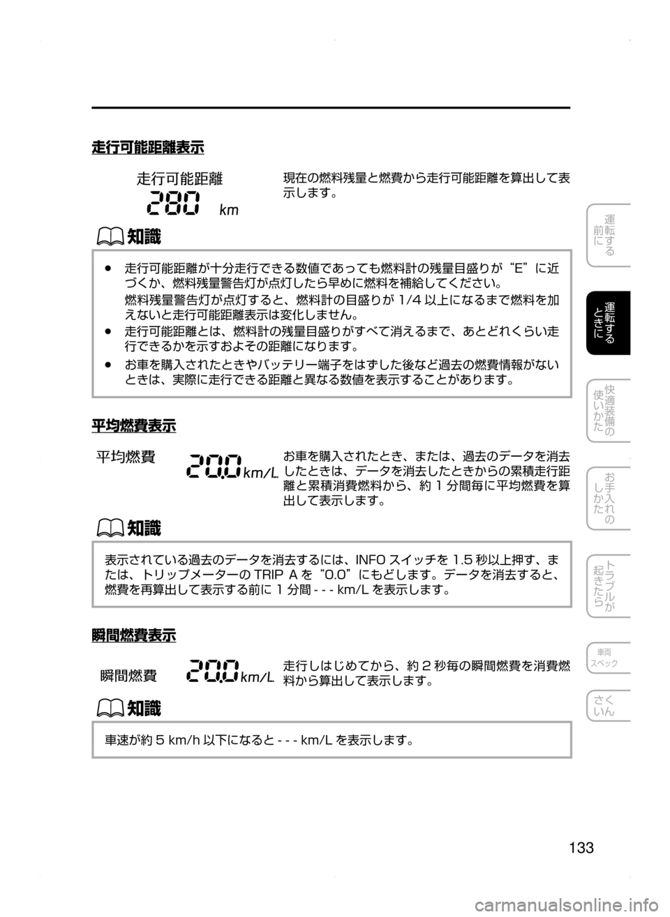 MAZDA MODEL DEMIO 2014  デミオ｜取扱説明書 (in Japanese) 133
運転する
﻿﻿
前に
運転する
﻿﻿
ときに
快適装備の
使いかた
お手入れの
しかた
トラブルが
起きたら
車両
スペック
さく
いん
走行可能距離表