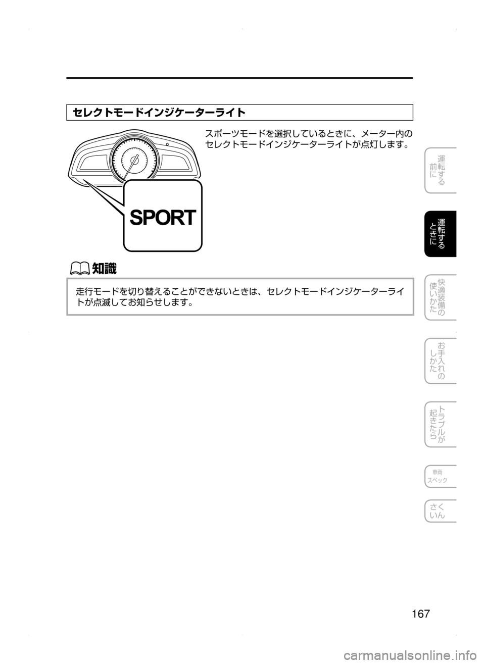 MAZDA MODEL DEMIO 2014  デミオ｜取扱説明書 (in Japanese) 167
運転する
﻿﻿
前に
運転する
﻿﻿
ときに
快適装備の
使いかた
お手入れの
しかた
トラブルが
起きたら
車両
スペック
さく
いん
セレクトモード