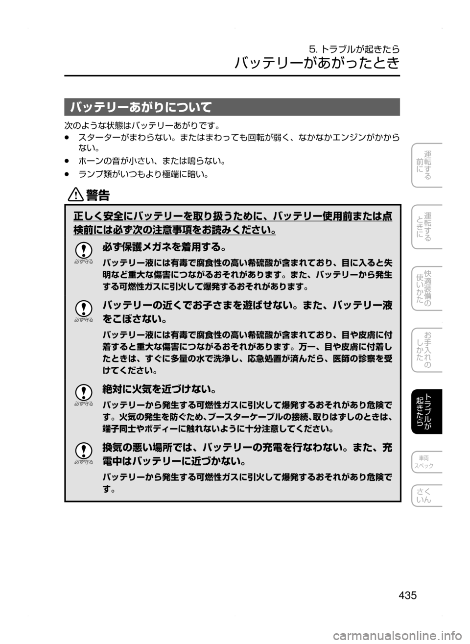 MAZDA MODEL DEMIO 2014  デミオ｜取扱説明書 (in Japanese) 435
運転する
﻿﻿
前に
運転する
﻿﻿
ときに
快適装備の
使いかた
お手入れの
しかた
トラブルが
起きたら
車両
スペック
さく
いん
5. トラブルが起