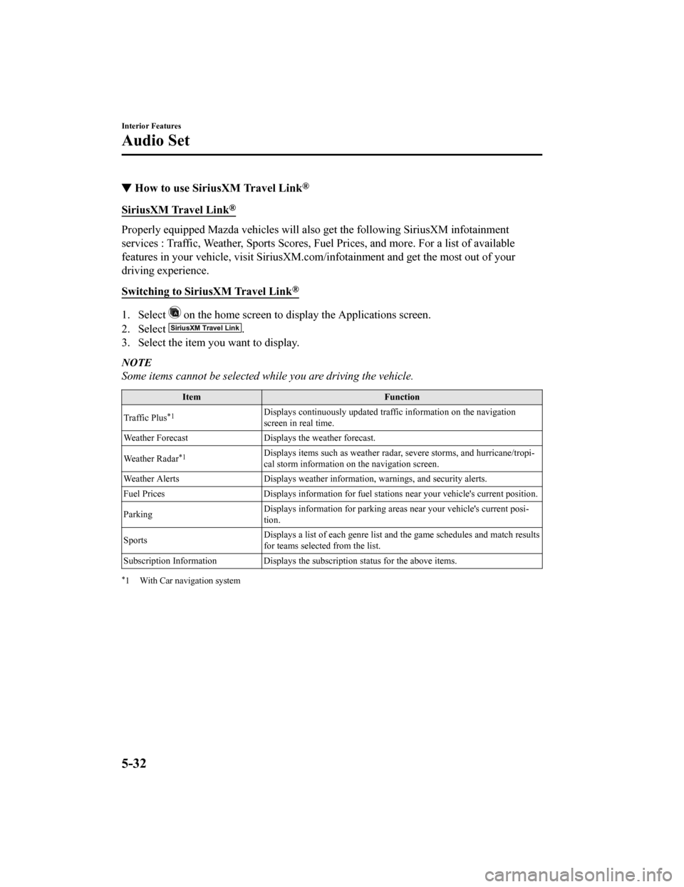 MAZDA MODEL MX-5 2020 Owners Manual (in English) ▼How to use SiriusXM Travel Link®
SiriusXM Travel Link®
Properly equipped Mazda vehicles will also get the following SiriusXM infotainment
services : Traffic, Weather, Sports Scores, Fuel Prices, MAZDA MODEL MX-5 2020 Owners Manual (in English) ▼How to use SiriusXM Travel Link®
SiriusXM Travel Link®
Properly equipped Mazda vehicles will also get the following SiriusXM infotainment
services : Traffic, Weather, Sports Scores, Fuel Prices,