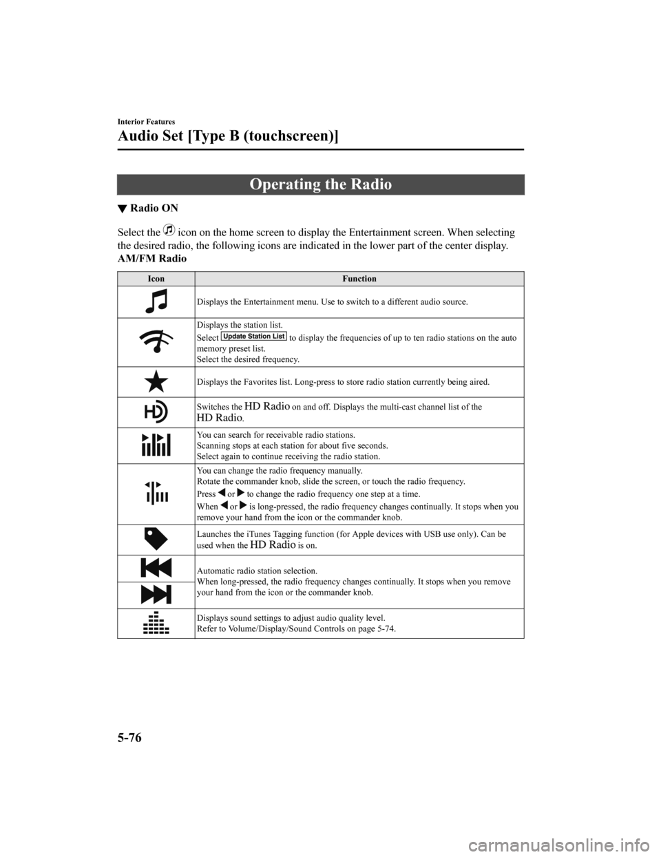 MAZDA MODEL MX-5 2018 Owners Manual (in English) Operating the Radio
▼Radio ON
Select the icon on the home screen to display the Entertainment screen. W
hen selecting
the desired radio, the following icons are indicated in the low er part of the MAZDA MODEL MX-5 2018 Owners Manual (in English) Operating the Radio
▼Radio ON
Select the icon on the home screen to display the Entertainment screen. W
hen selecting
the desired radio, the following icons are indicated in the low er part of the