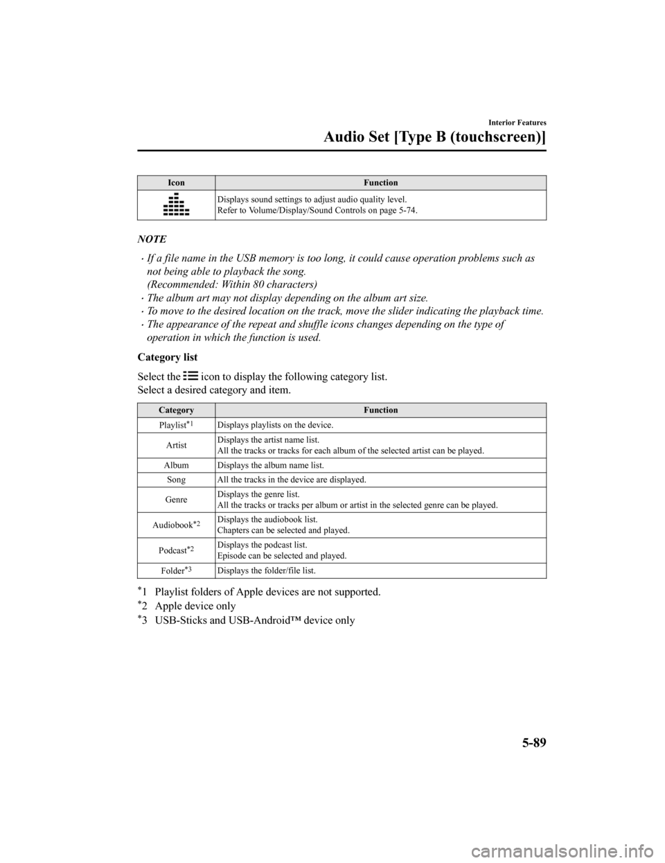 MAZDA MODEL MX-5 2018 Owners Manual (in English) IconFunction
Displays sound settings to adjust audio quality level.
Refer to Volume/Display/Sound Controls on page 5-74.
NOTE
If a file name in the USB memory is too long , it could cause operation MAZDA MODEL MX-5 2018 Owners Manual (in English) IconFunction
Displays sound settings to adjust audio quality level.
Refer to Volume/Display/Sound Controls on page 5-74.
NOTE
If a file name in the USB memory is too long , it could cause operation