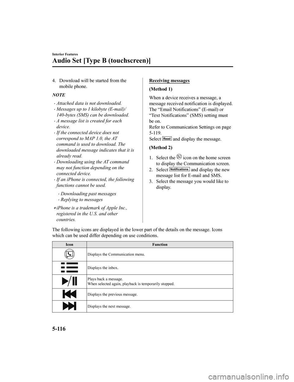 MAZDA MODEL MX-5 2018 Owners Manual (in English) 4. Download will be started from themobile phone.
NOTE
Attached data is not downloaded.
Messages up to 1 kilobyte (E-mail)/
140-bytes (SMS) can be downloaded.
A message list is created for ea MAZDA MODEL MX-5 2018 Owners Manual (in English) 4. Download will be started from themobile phone.
NOTE
Attached data is not downloaded.
Messages up to 1 kilobyte (E-mail)/
140-bytes (SMS) can be downloaded.
A message list is created for ea