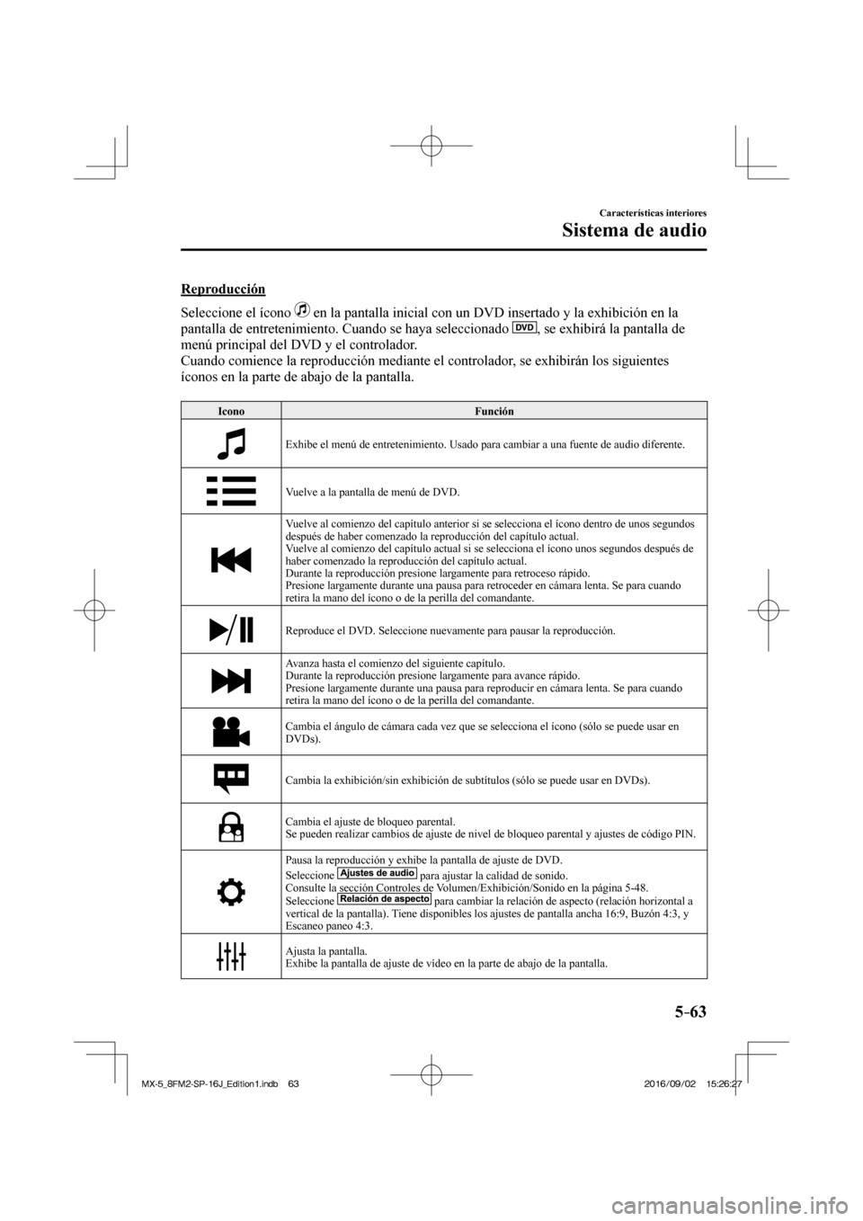 MAZDA MODEL MX-5 2018  Manual del propietario (in Spanish) 5–63
Características interiores
Sistema de audio
    Reproducción
    Seleccione  el  ícono   
  en la pantalla inicial con un DVD insertado y la exhibición en la 
pantalla de entretenimiento. C