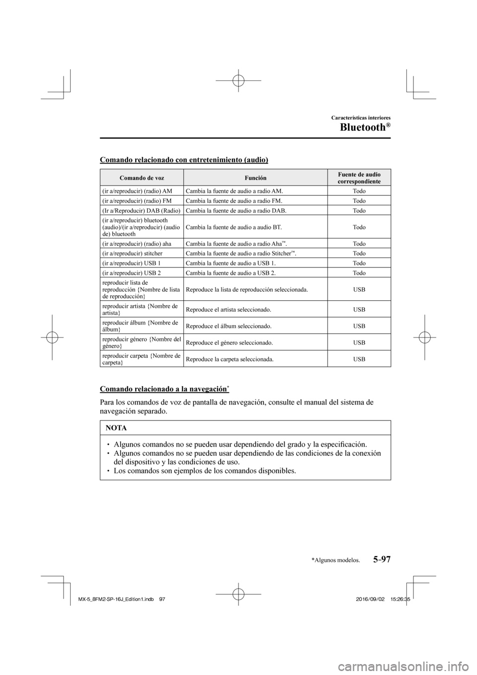 MAZDA MODEL MX-5 2018  Manual del propietario (in Spanish) 5–97
Características interiores
Bluetooth®
*Algunos modelos.
  Comando relacionado con entretenimiento (audio)
 Comando de voz   Función  Fuente de audio 
correspondiente 
 (ir a/reproducir) (rad