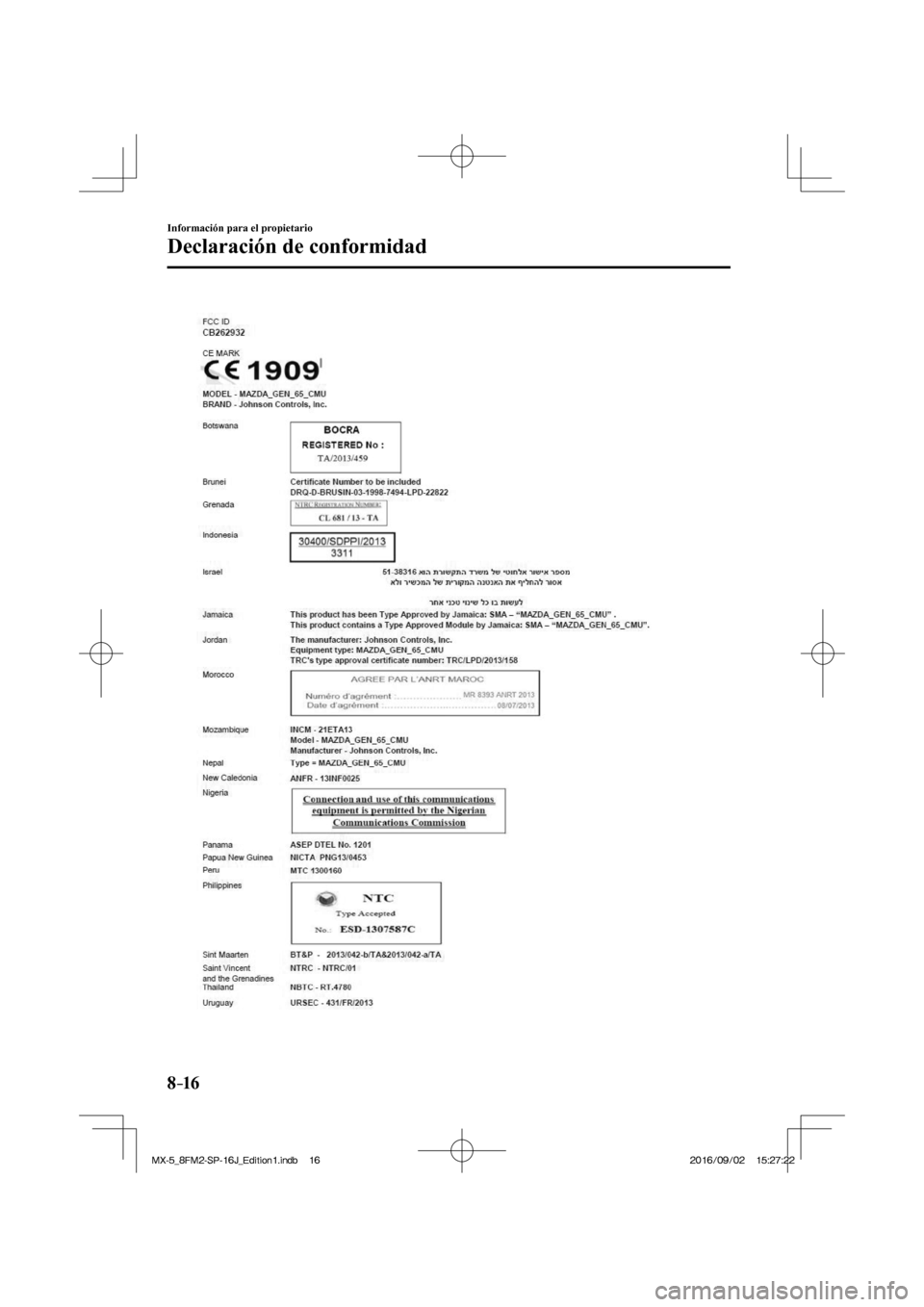 MAZDA MODEL MX-5 2018  Manual del propietario (in Spanish) 8–16
Información para el propietario
Declaración de conformidad
  
�/�:���A��(�/���5�2����,�A��F�K�V�K�Q�P���K�P�F�D������/�:���A��(�/���5�2����,�A��F�K�V�K�Q�P���K�P�F�