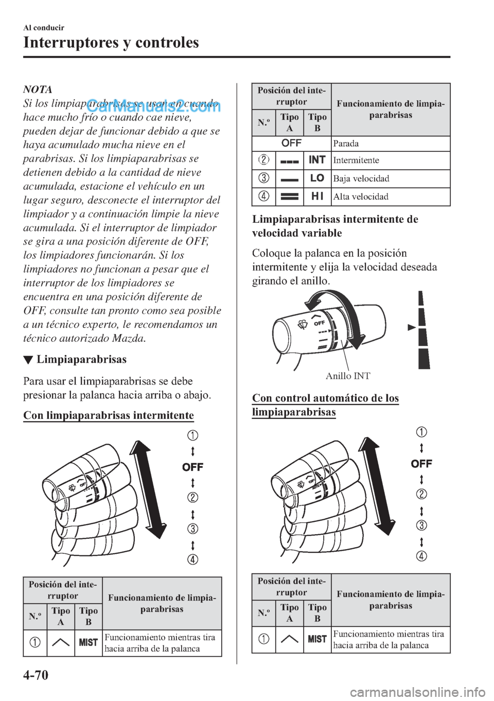 MAZDA MODEL MX-5 2017  Manual del propietario (in Spanish)  NOTA
Si los limpiaparabrisas se usan en cuando
hace mucho frío o cuando cae nieve,
pueden dejar de funcionar debido a que se
haya acumulado mucha nieve en el
parabrisas. Si los limpiaparabrisas se
de