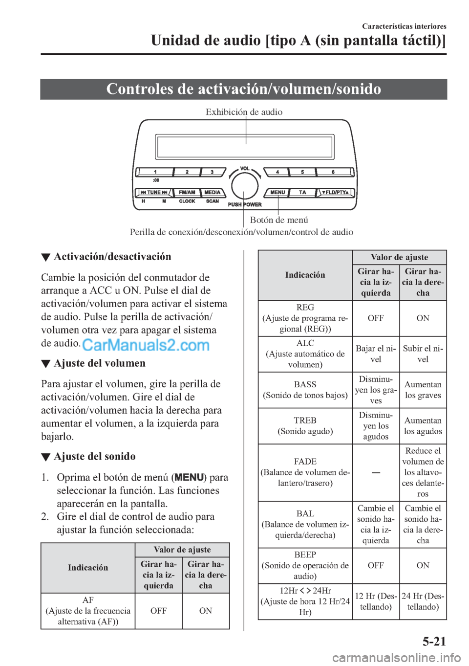 MAZDA MODEL MX-5 2017  Manual del propietario (in Spanish)  �&�R�Q�W�U�R�O�H�V��G�H��D�F�W�L�Y�D�F�L�y�Q��Y�R�O�X�P�H�Q��V�R�Q�L�G�R
Perilla de conexión/desconexión/volumen/control de audioBotón de menú  Exhibición de audio
▼▼�$�F�W�L�Y�D�F�L�y�Q�